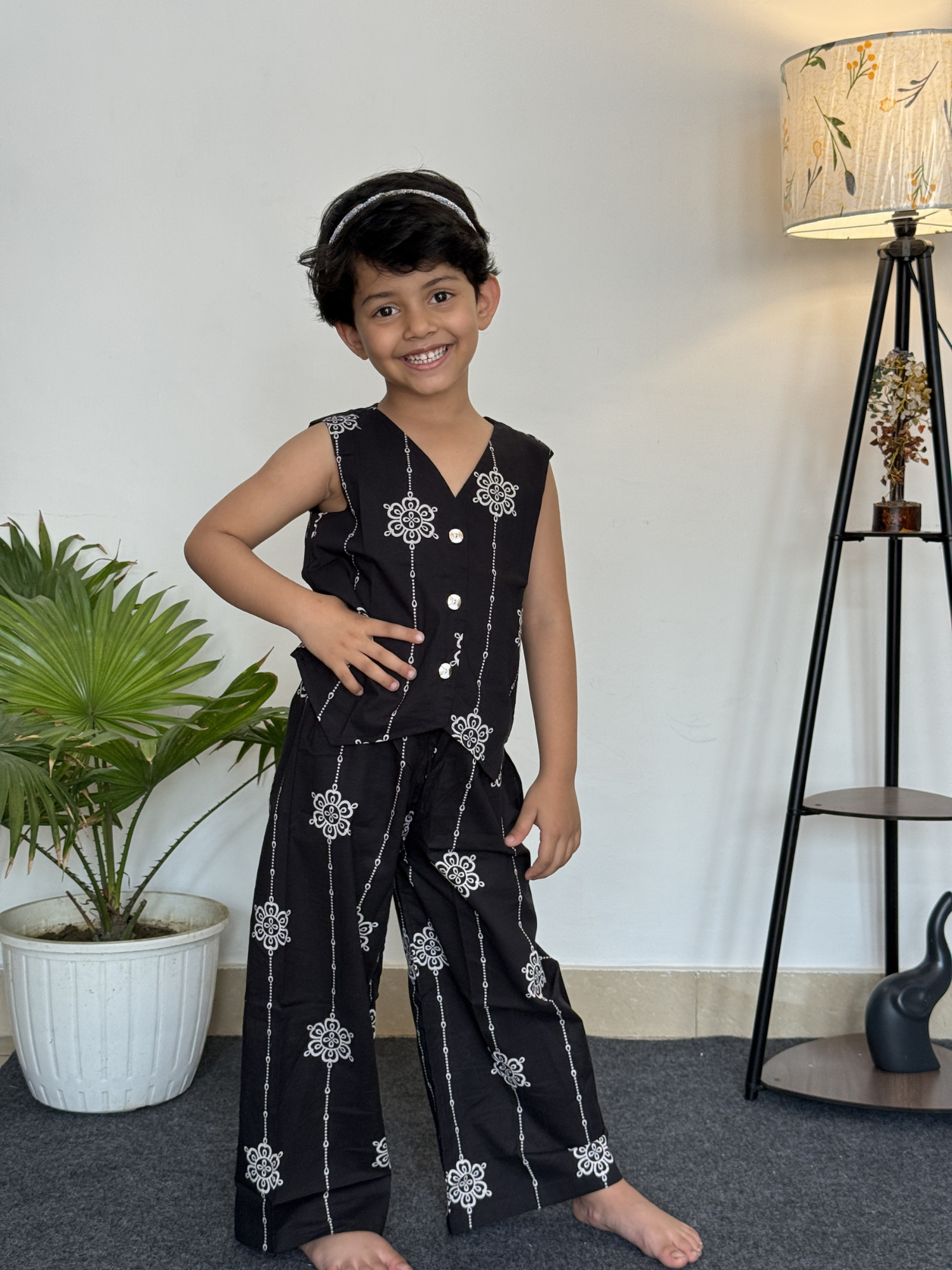 Black Patterned Cotton Co-ord Set - Sleeveless waistecoat & trouser