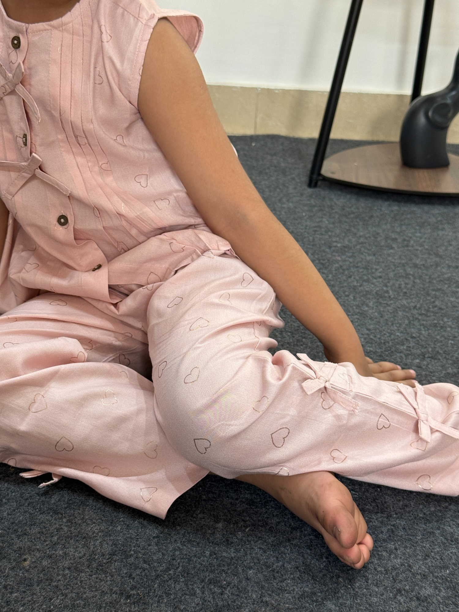 Pastel Pink Cotton Co-ord Set with Metallic Heart Print & Bow Details