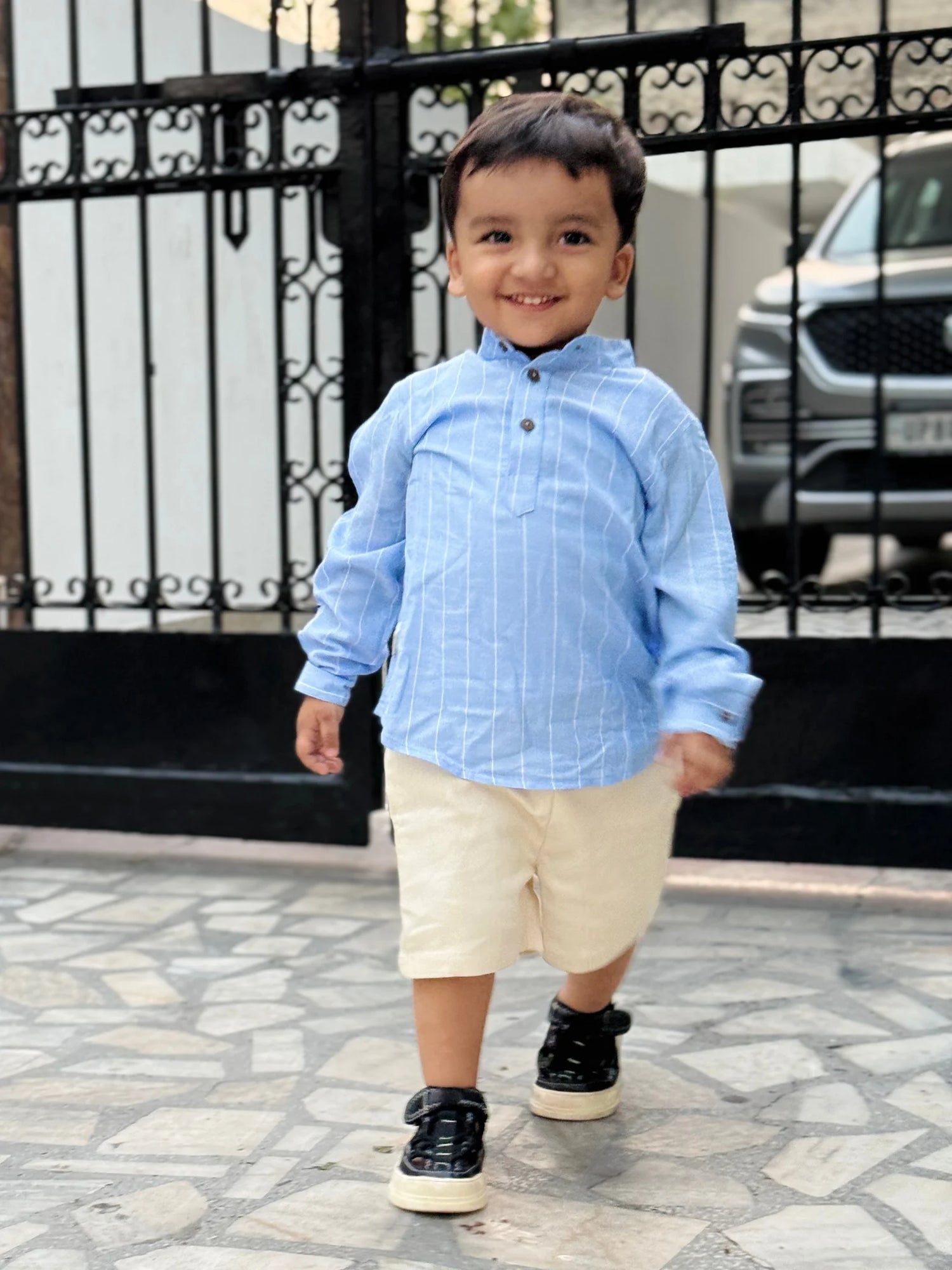 Light Blue Pinstripe Linen Shirt and Cream Shorts Co-ord Set
