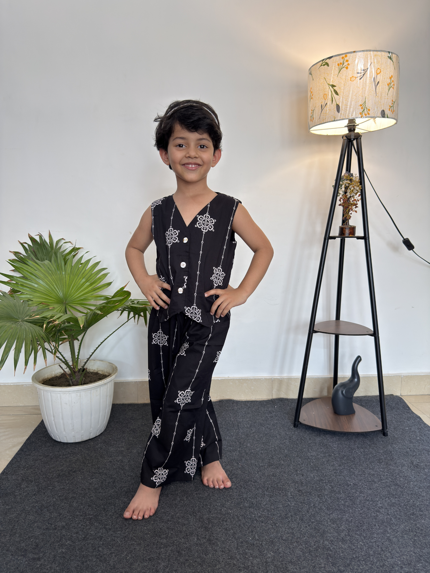 Black Patterned Cotton Co-ord Set - Sleeveless waistecoat & trouser