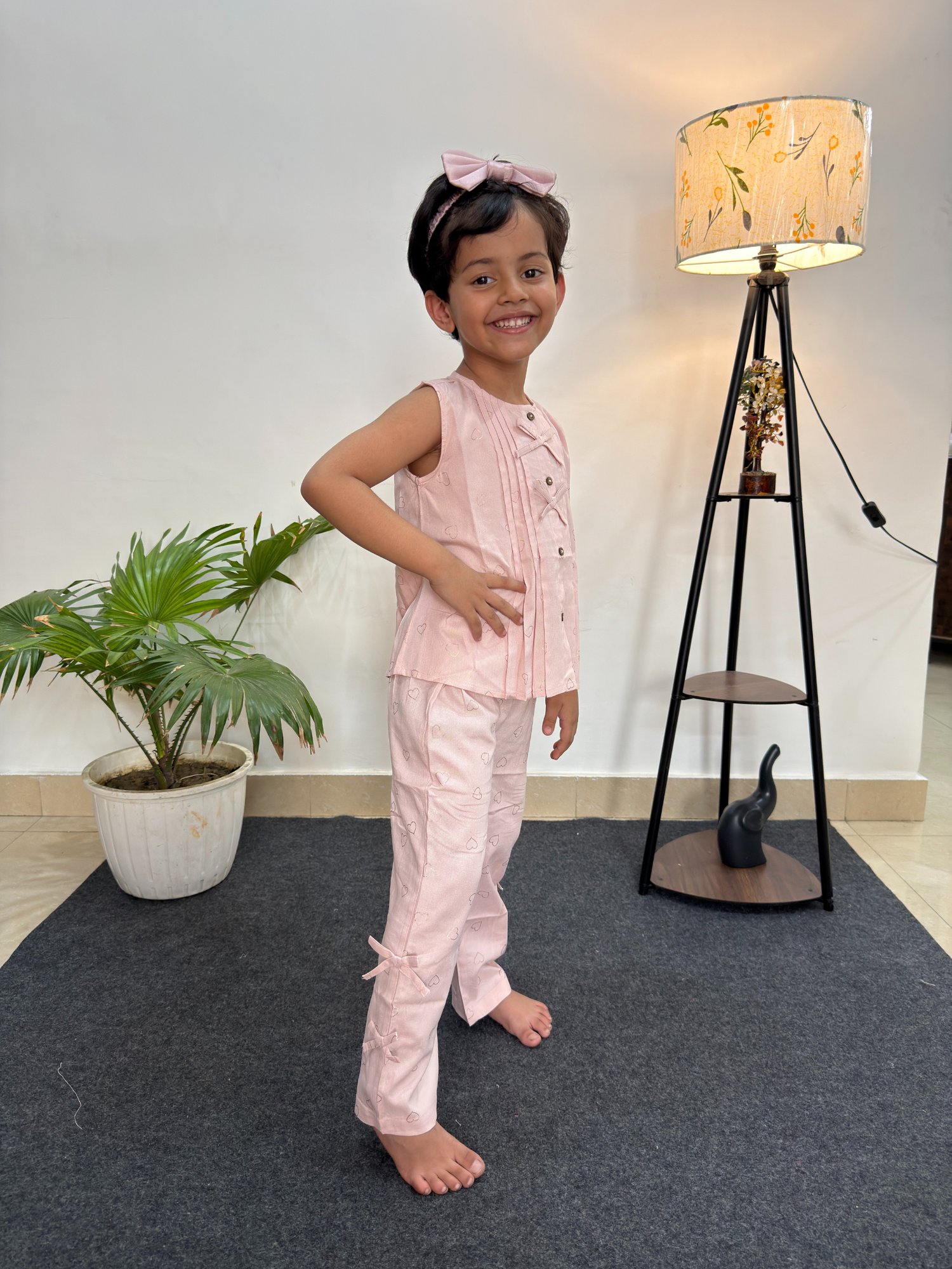 Pastel Pink Cotton Co-ord Set with Metallic Heart Print & Bow Details