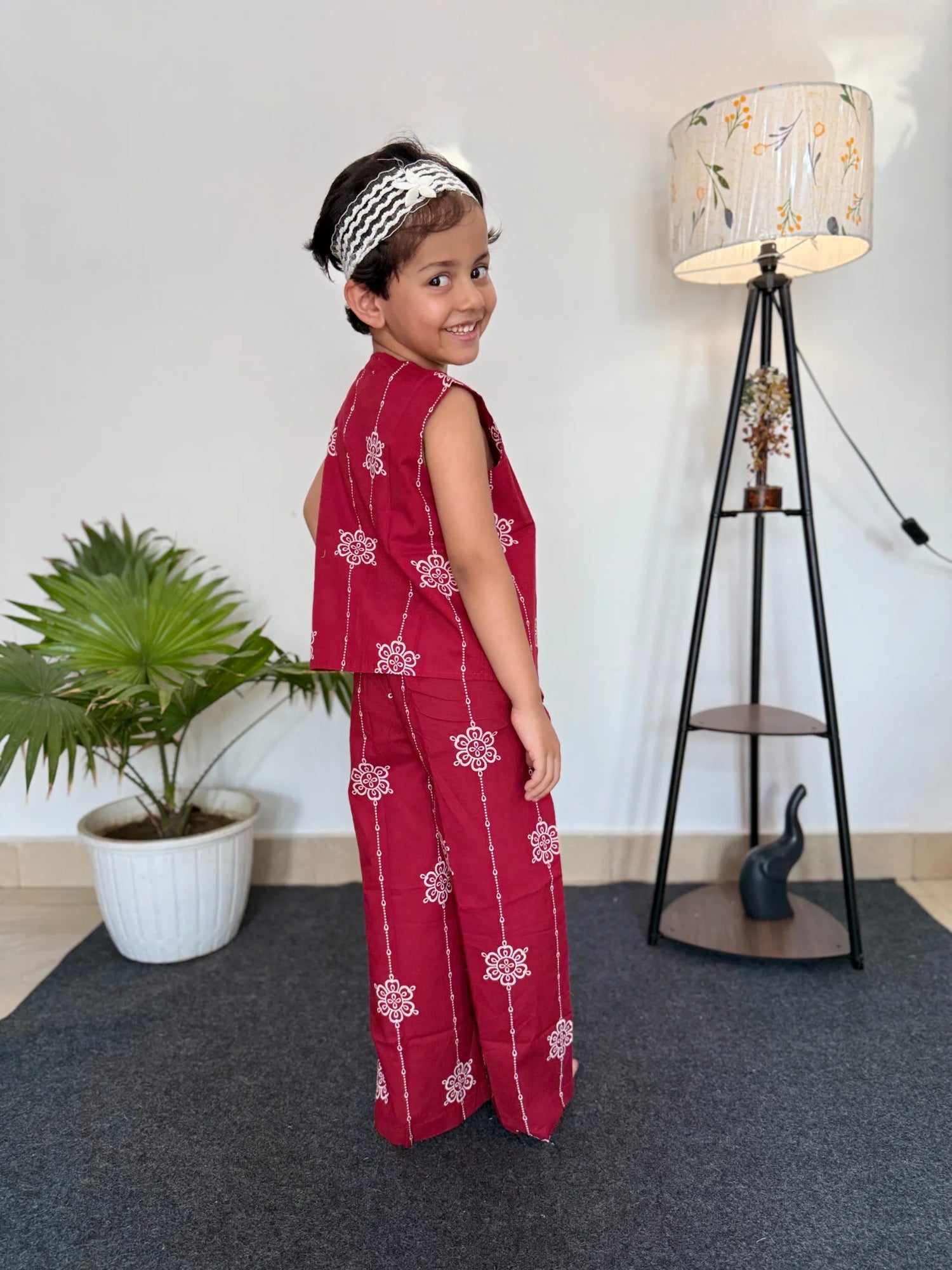 Maroon Mandala Print Cotton Co-ord Set - Sleeveless Waistcoat & Trousers