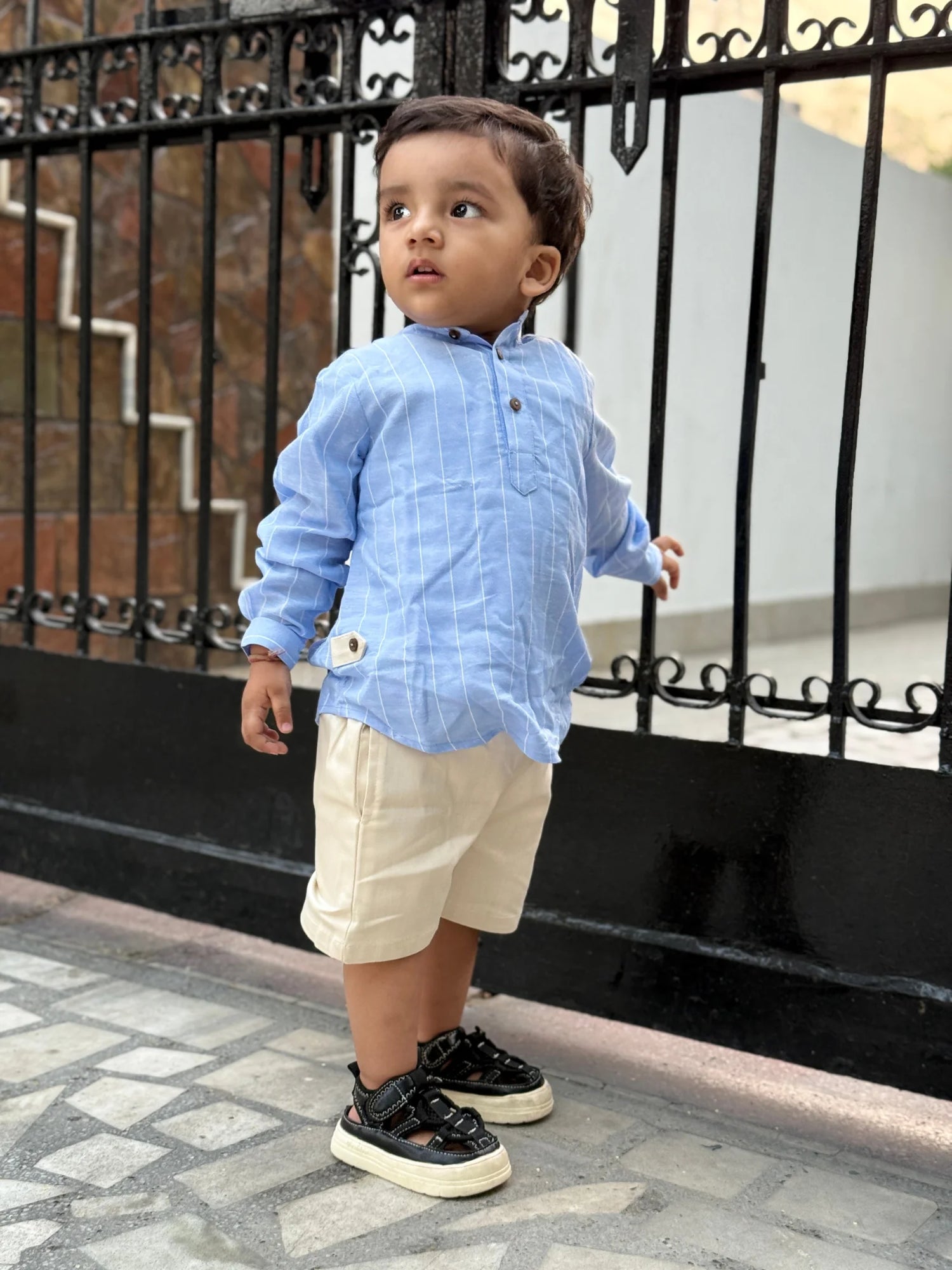 Light Blue Pinstripe Linen Shirt and Cream Shorts Co-ord Set