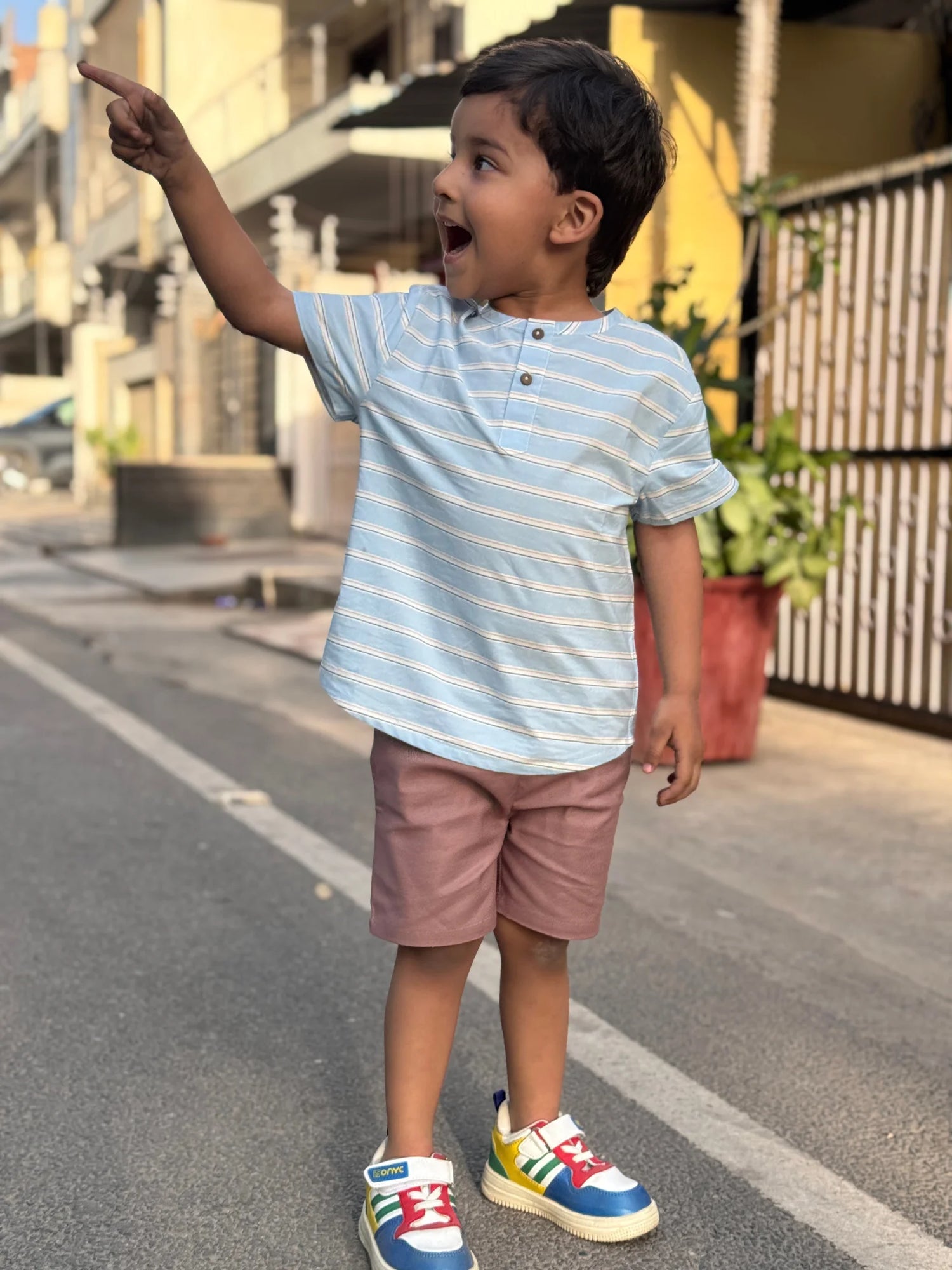Blue Striped Henley Shirt and Dusty Rose Shorts Co-ord Set