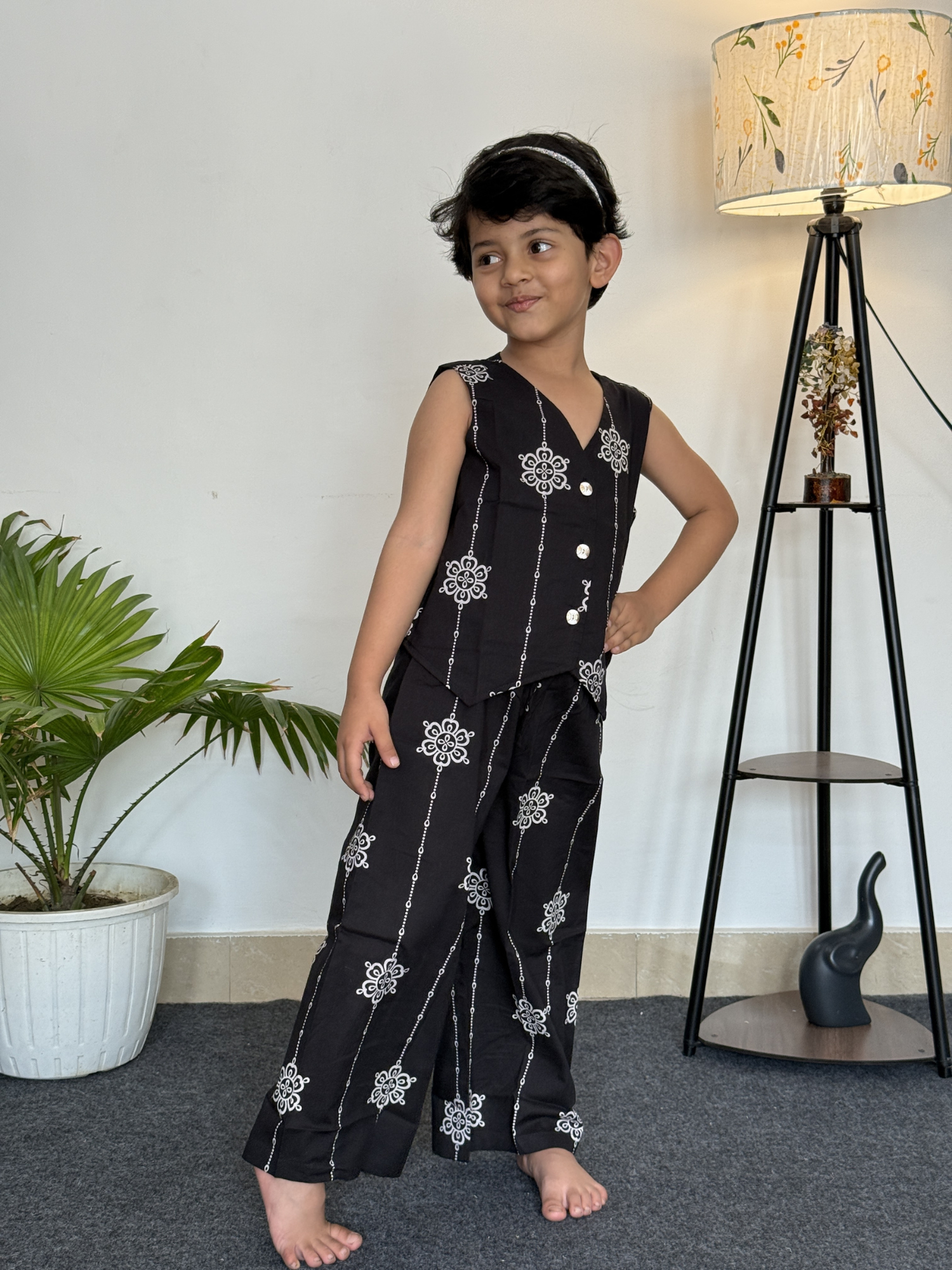 Black Patterned Cotton Co-ord Set - Sleeveless waistecoat & trouser