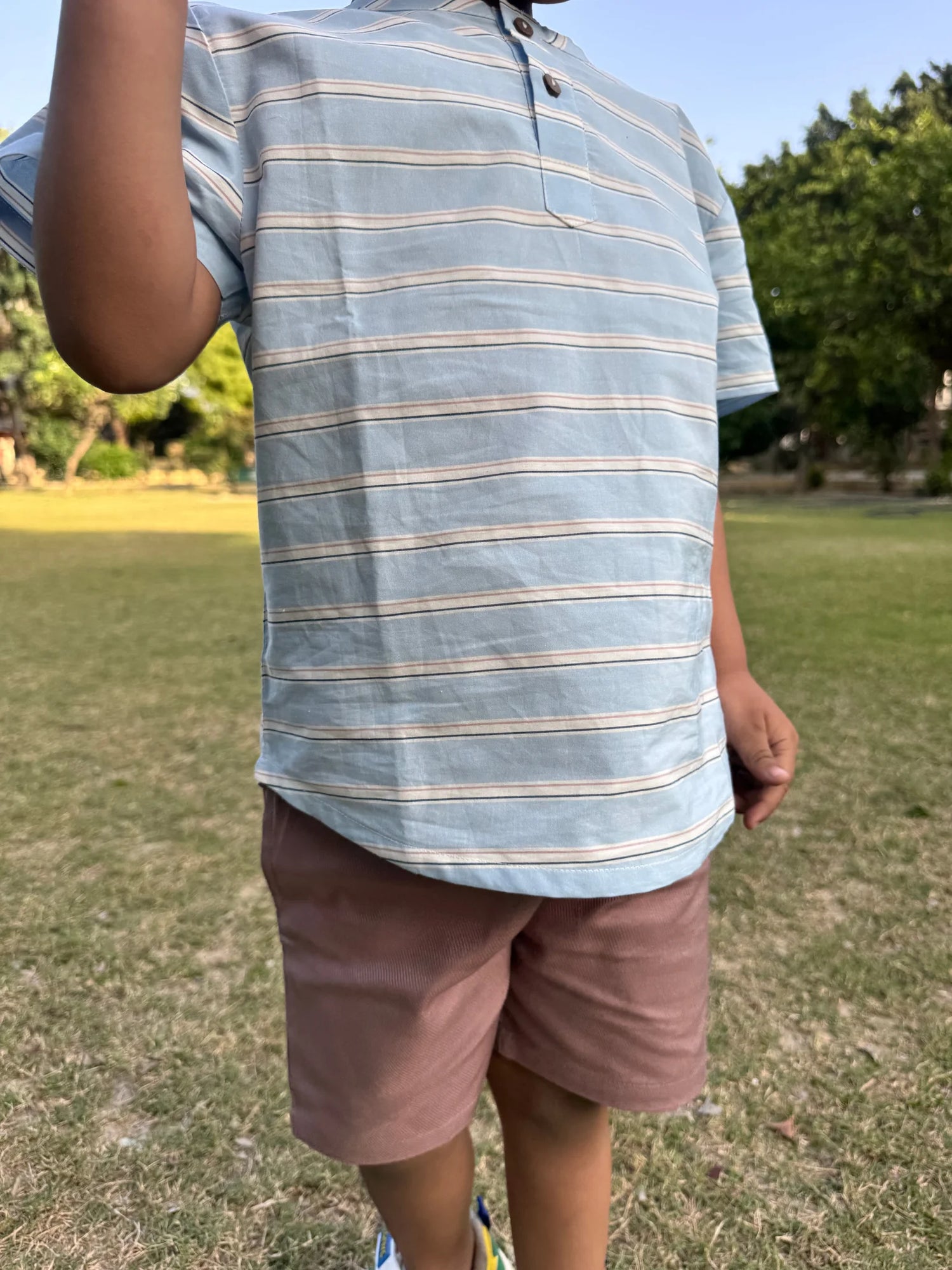 Blue Striped Henley Shirt and Dusty Rose Shorts Co-ord Set