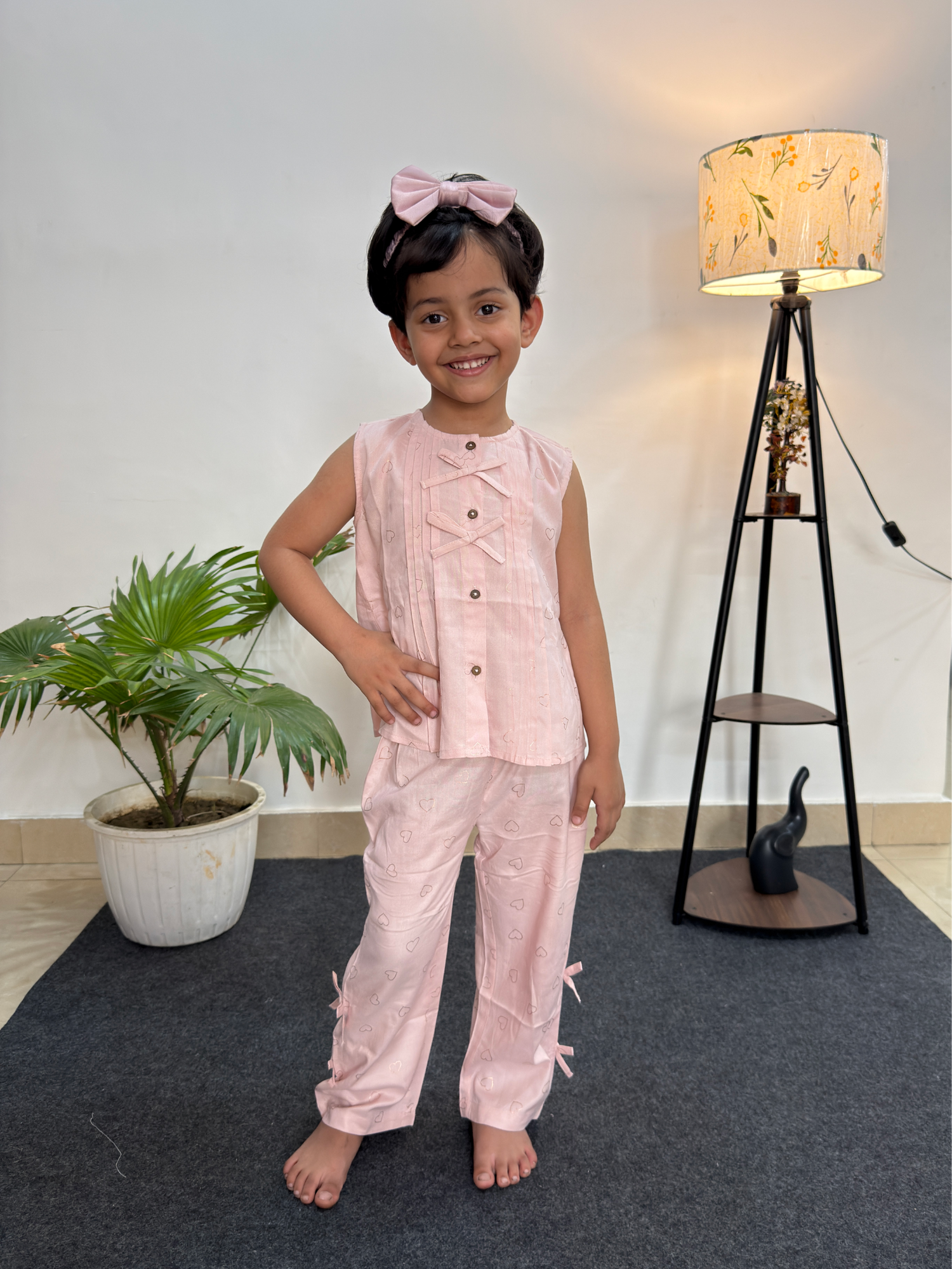 Pastel Pink Cotton Co-ord Set with Metallic Heart Print & Bow Details