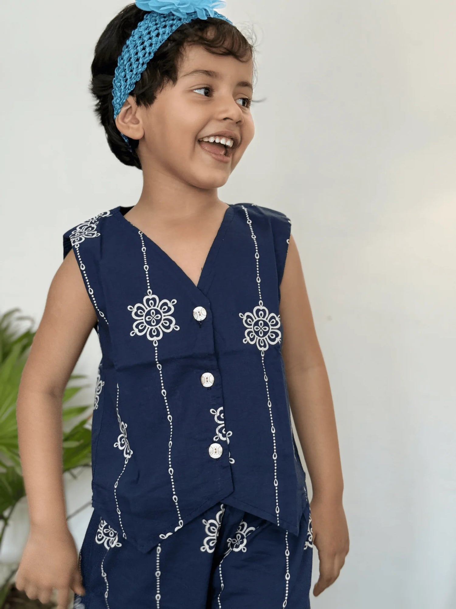 Navy Blue Floral Print Cotton Co-ord Set - Sleeveless waistcoat & Trouser Pair