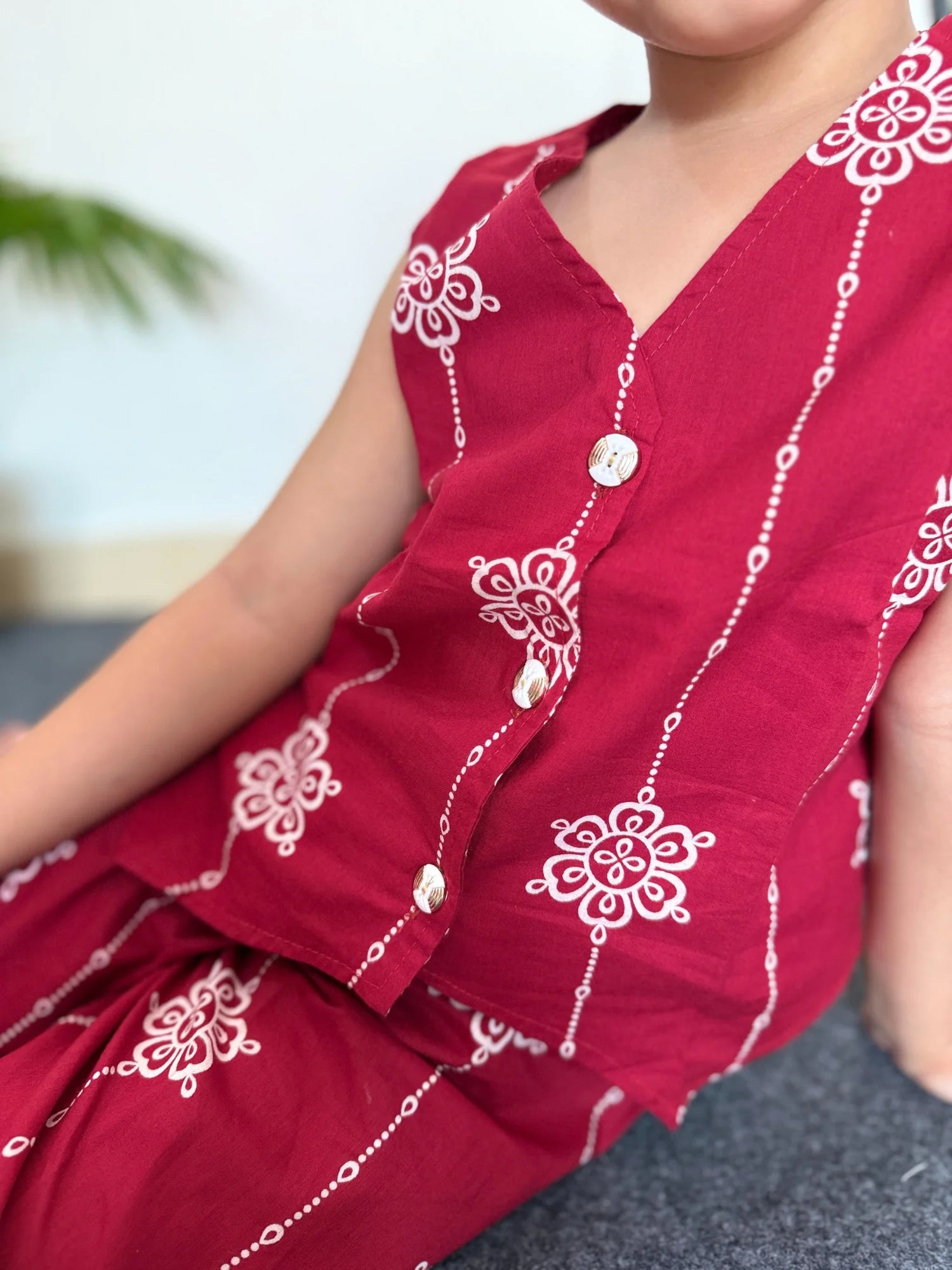 Maroon Mandala Print Cotton Co-ord Set - Sleeveless Waistcoat & Trousers