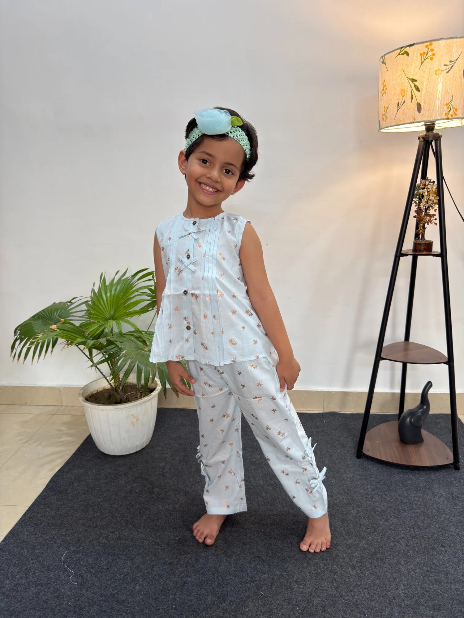 Blue Cotton Co-ord Set with Gold Accents and Bow Details