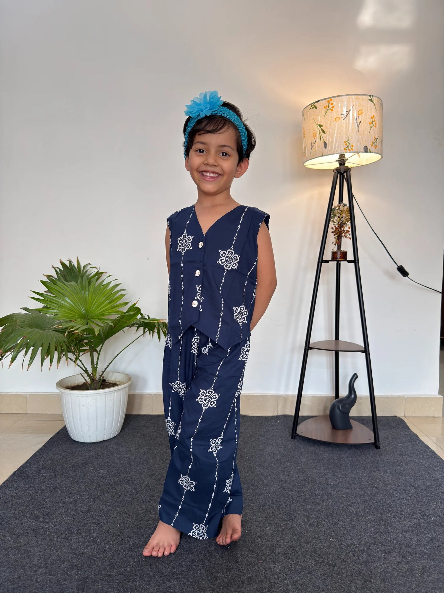 Navy Blue Floral Print Cotton Co-ord Set - Sleeveless waistcoat & Trouser Pair