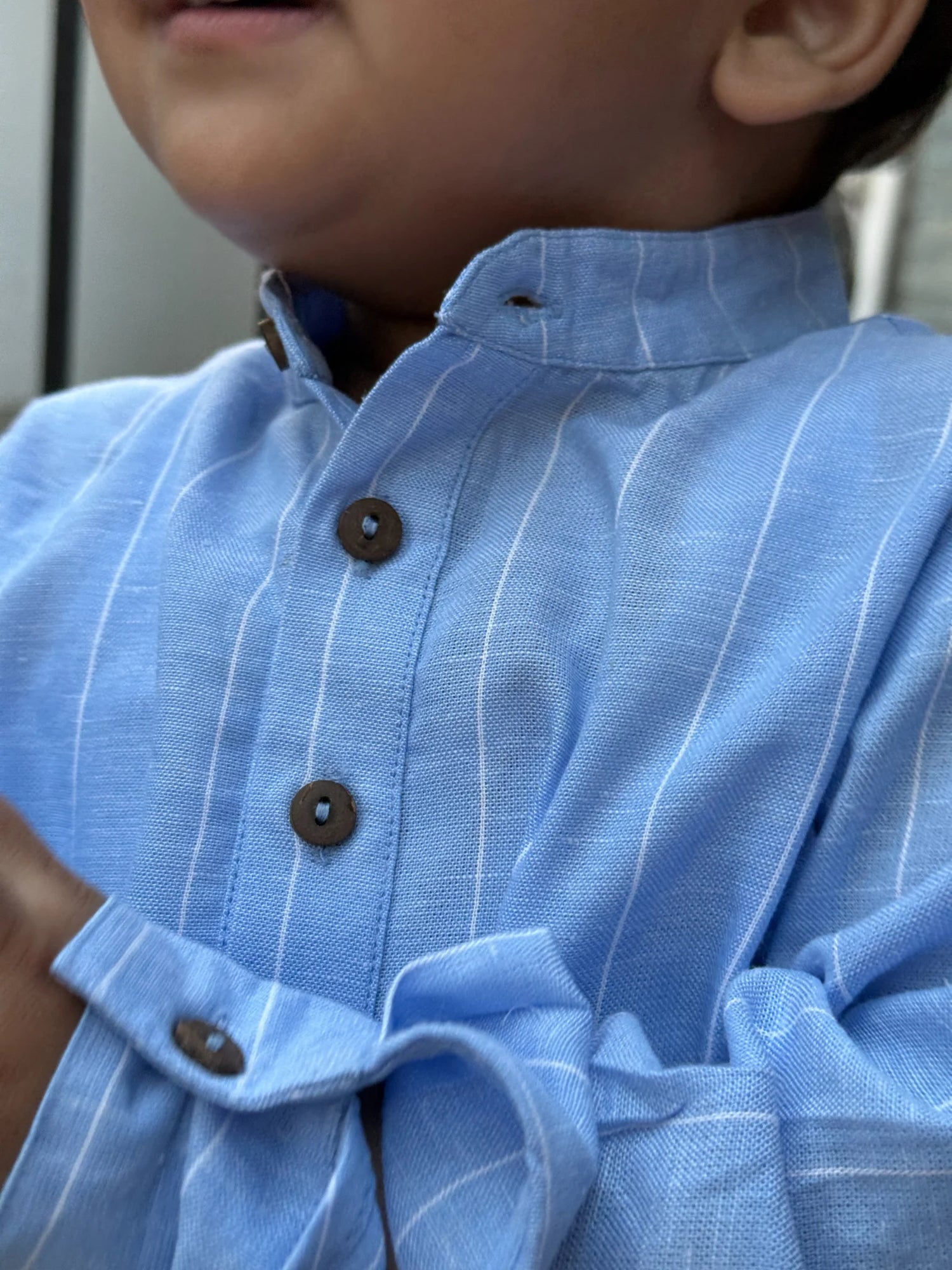 Light Blue Pinstripe Linen Shirt and Cream Shorts Co-ord Set