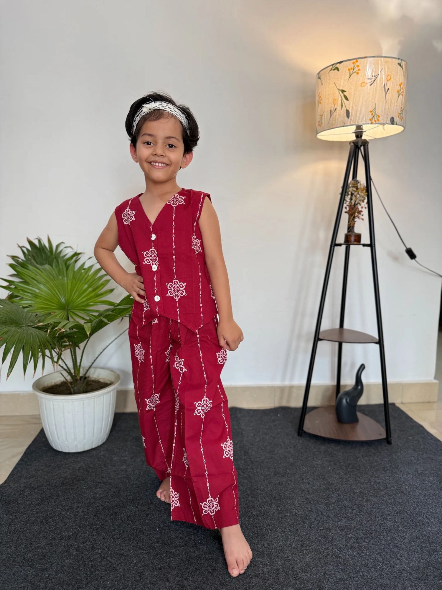 Maroon Mandala Print Cotton Co-ord Set - Sleeveless Waistcoat & Trousers