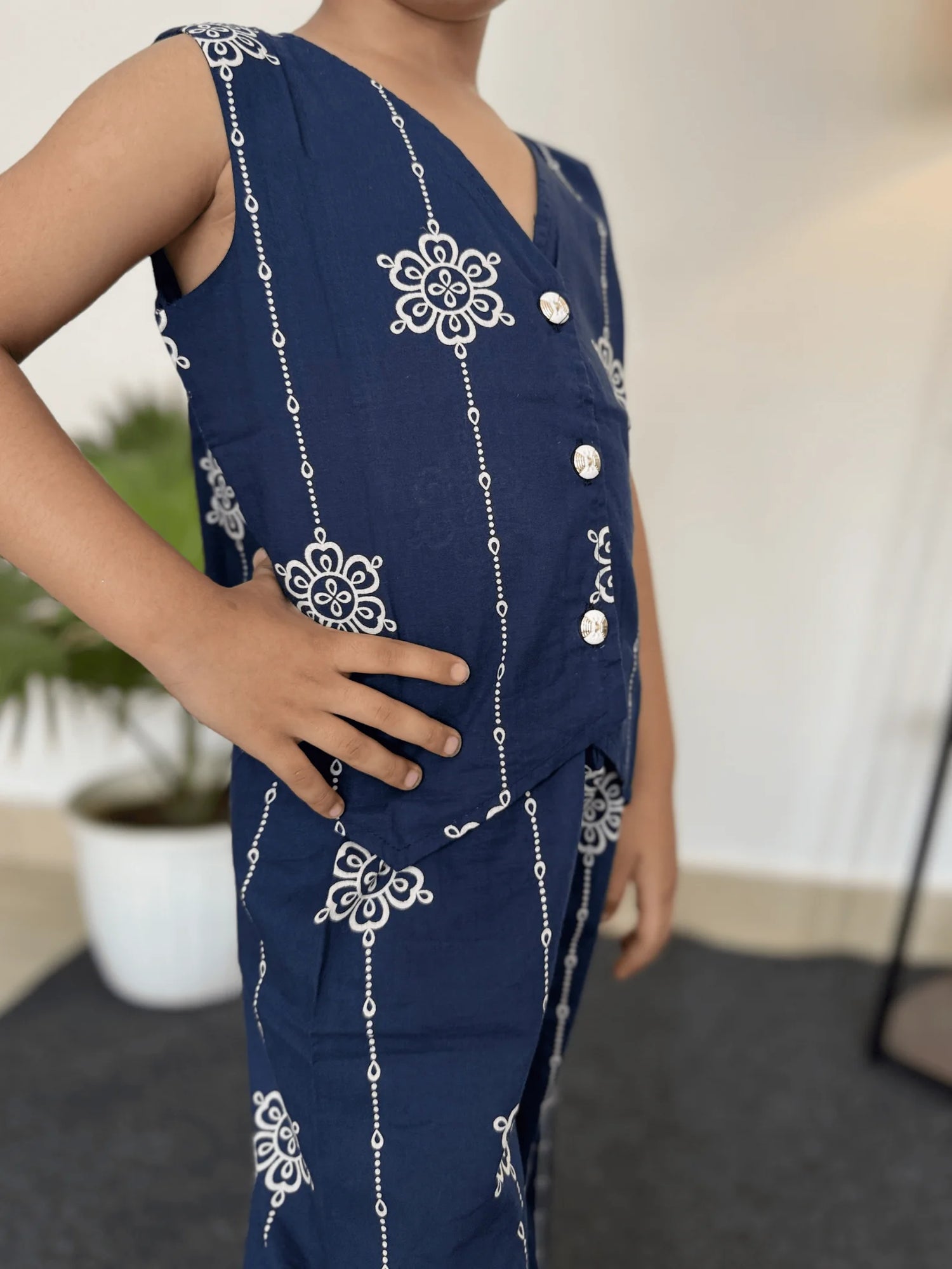 Navy Blue Floral Print Cotton Co-ord Set - Sleeveless waistcoat & Trouser Pair