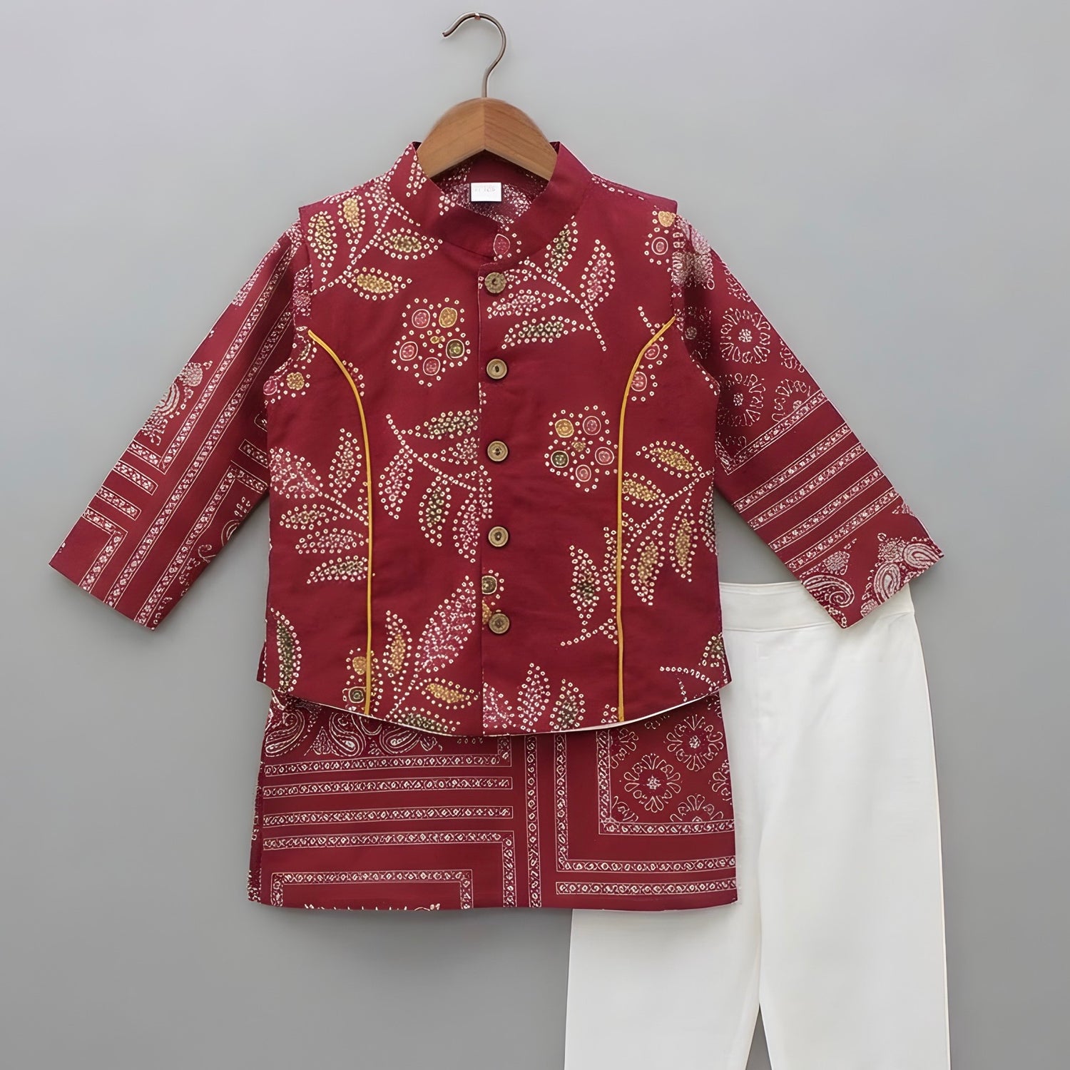 Boys Maroon Pure Cotton Printed Kurta Jacket set