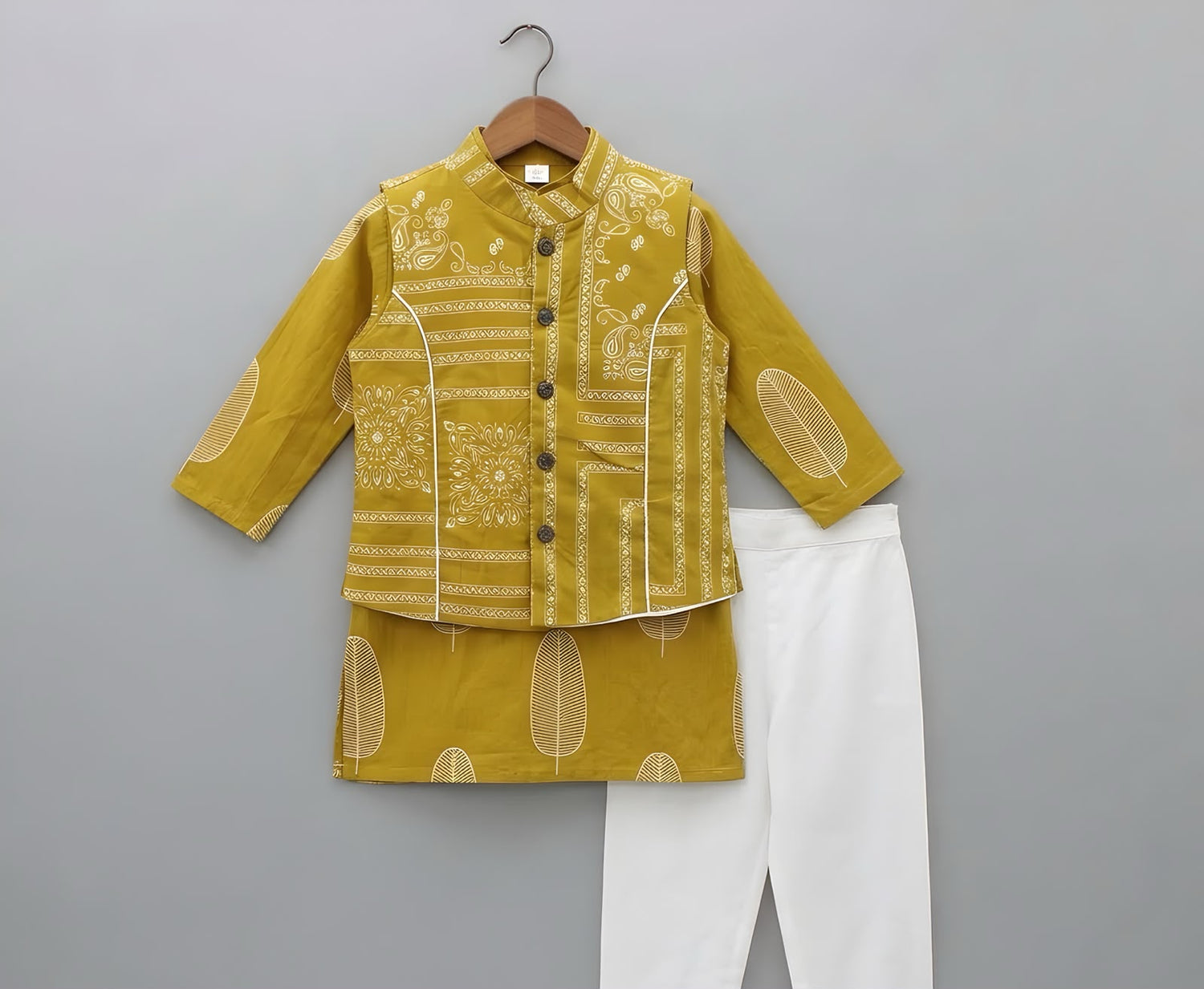 Mustard Yellow Printed Pure Cotton Kurta Jacket Set