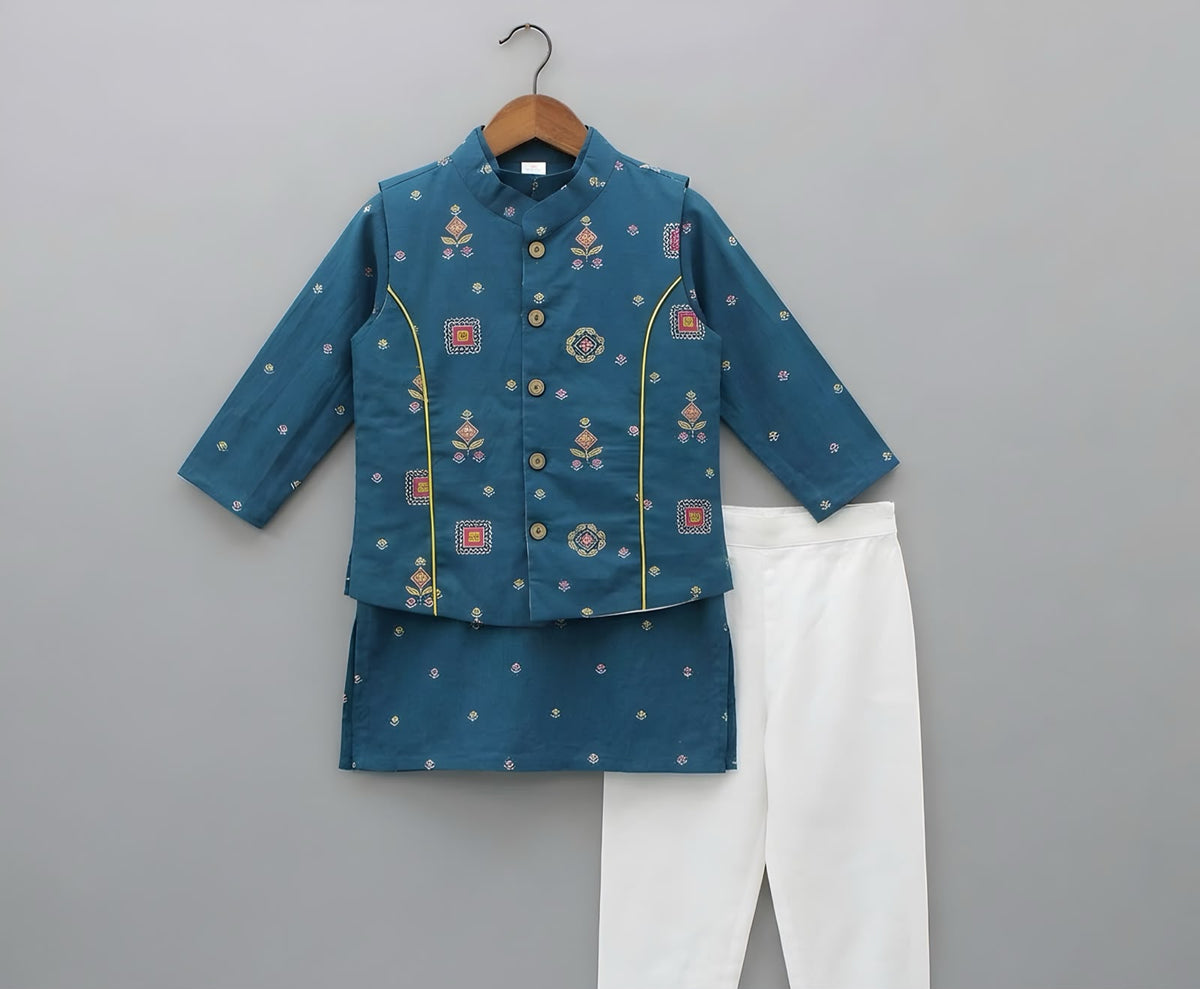 Teal Blue Printed Pure Cotton Kurta Jacket Set