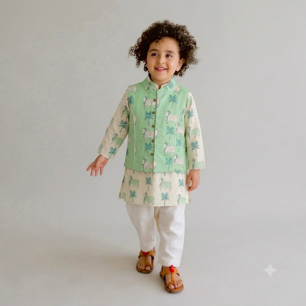 Mint Green Palm Print Pure Cotton kurta pajama Set