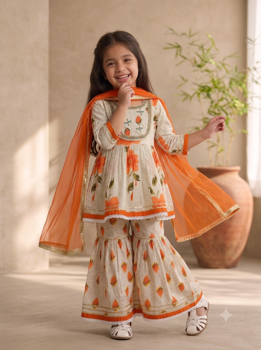 Girls' lotus Print Peplum Kurti & Sharara Set with mirror work