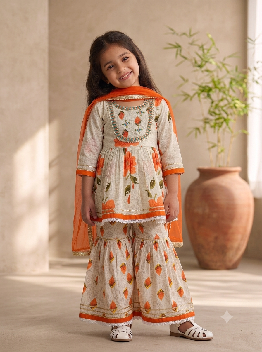 Girls' lotus Print Peplum Kurti & Sharara Set with mirror work