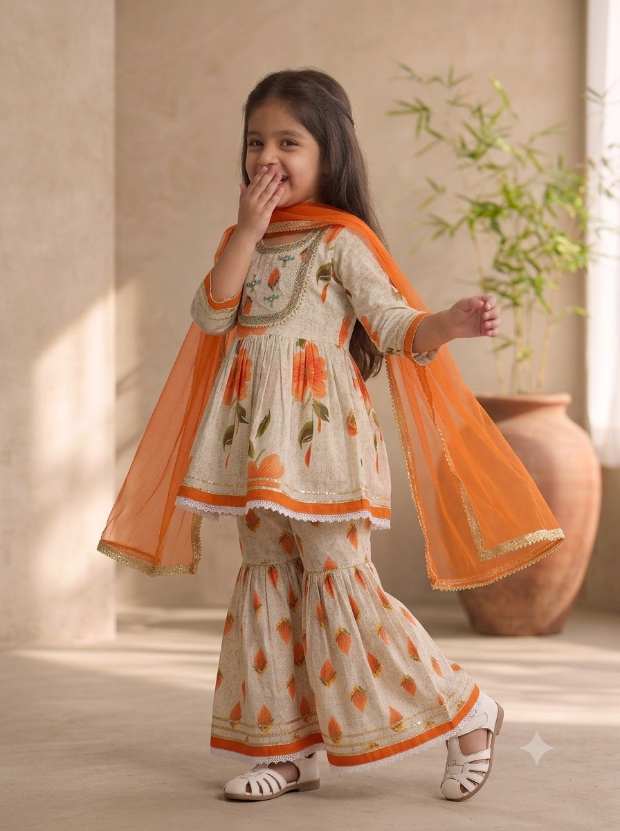 Girls' lotus Print Peplum Kurti & Sharara Set with mirror work