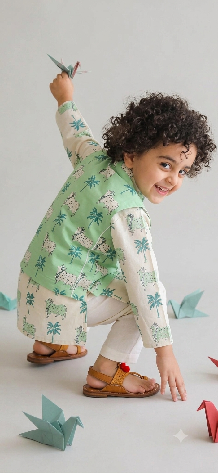 Mint Green Palm Print Pure Cotton kurta pajama Set
