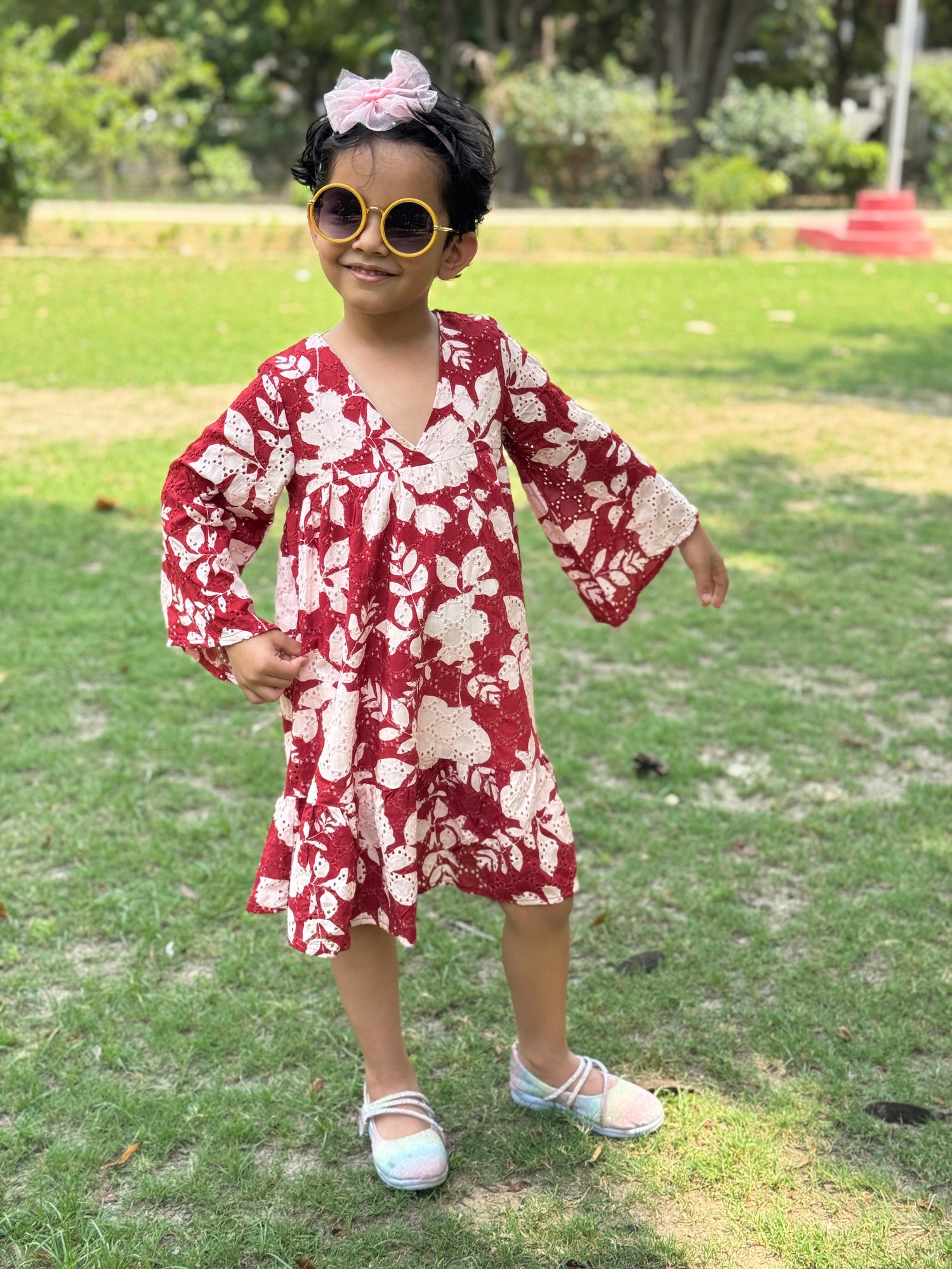 Maroon Floral Maroon Floral schiffli Cotton Dress with Bell Sleeves