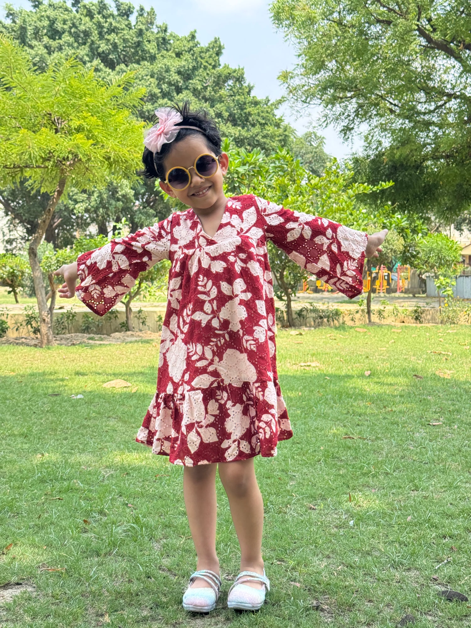 Maroon Floral Maroon Floral schiffli Cotton Dress with Bell Sleeves