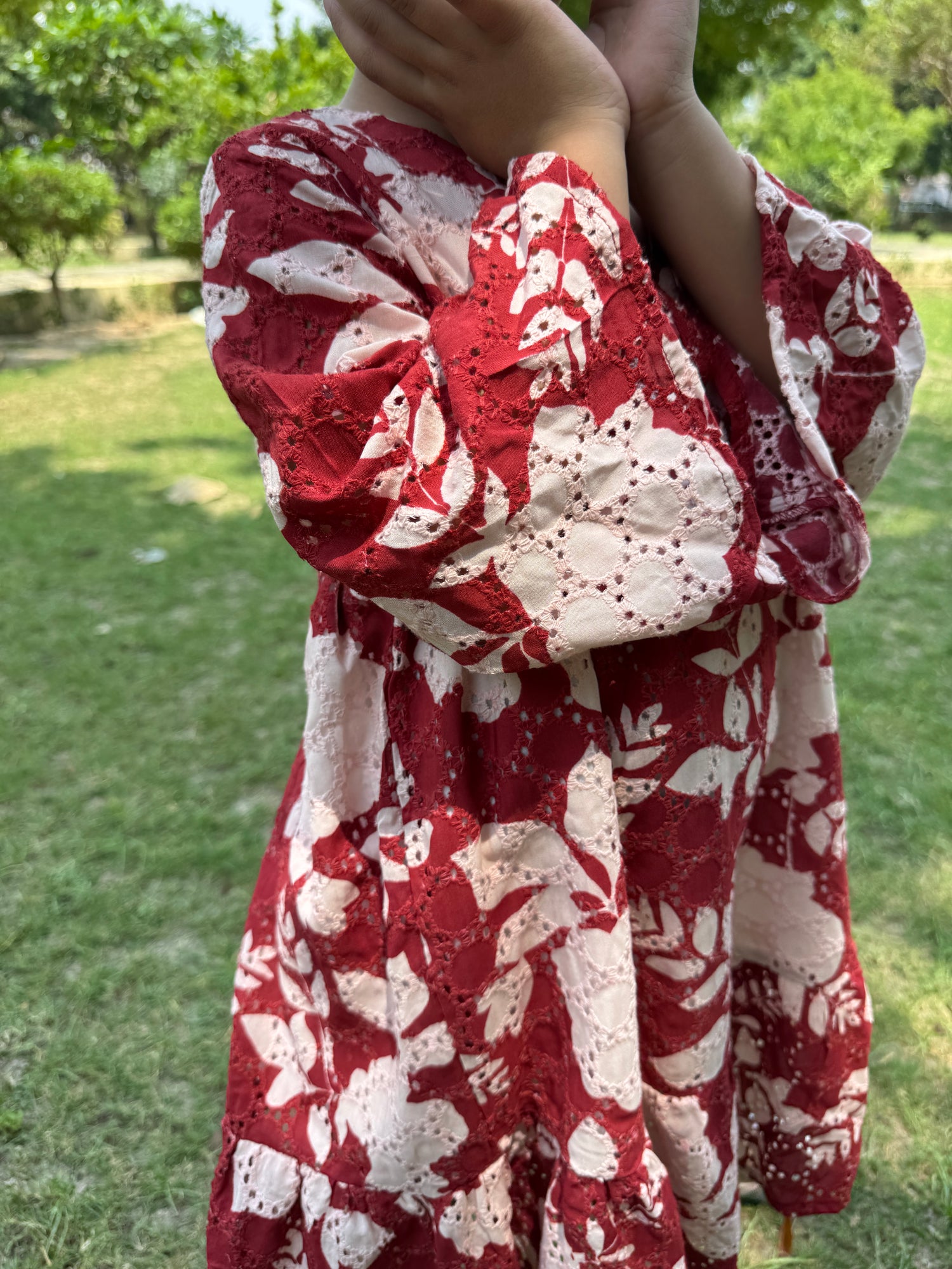 Maroon Floral Maroon Floral schiffli Cotton Dress with Bell Sleeves