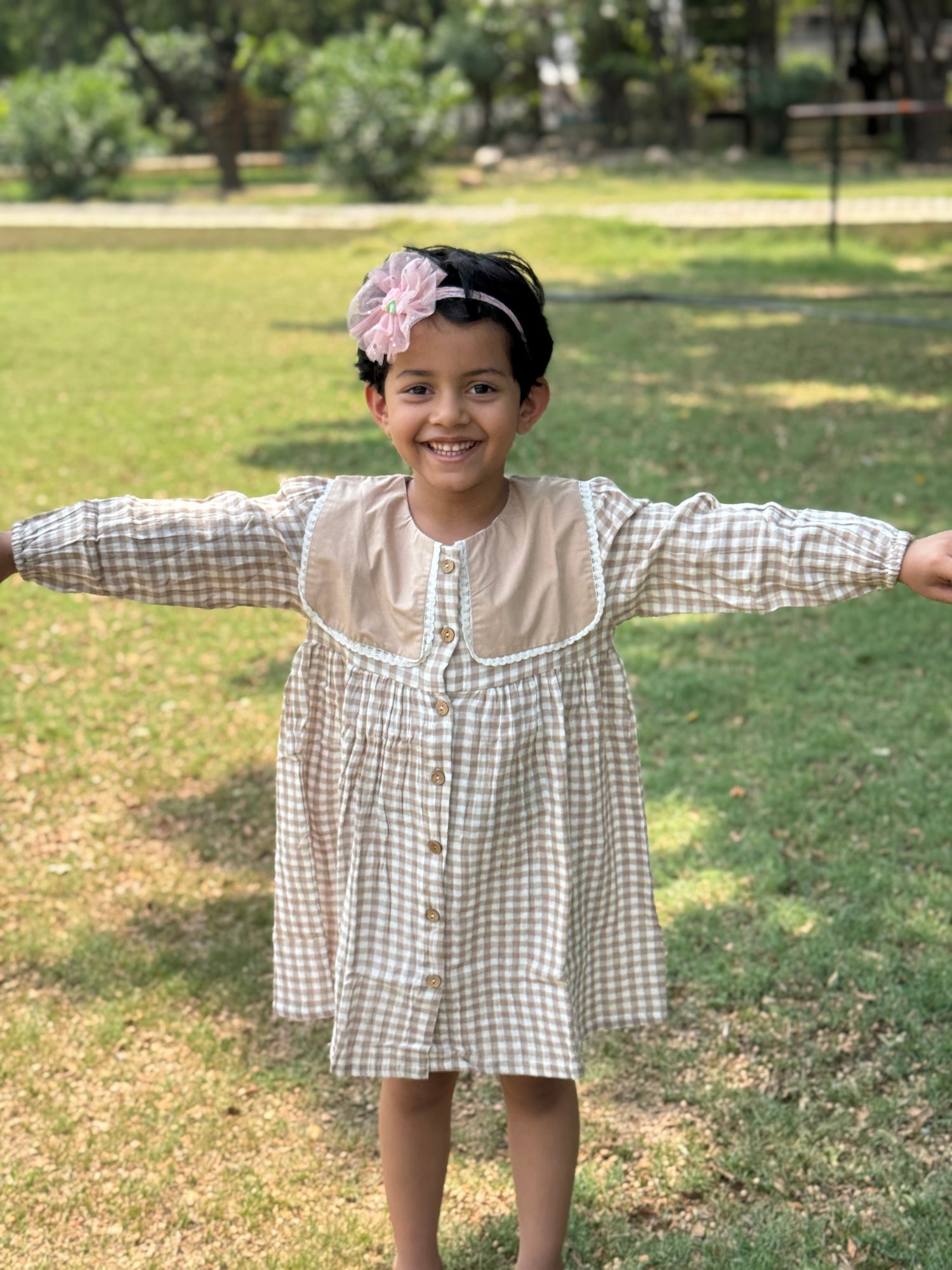 Beige Gingham Check Cotton Dress with Peter Pan Collar