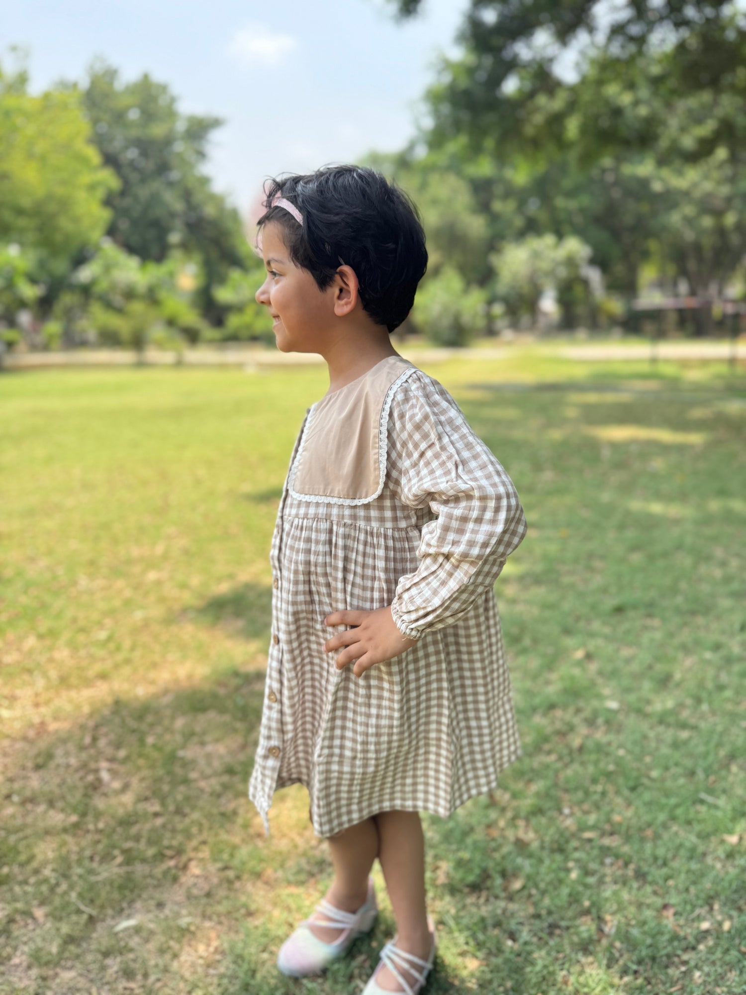 Beige Gingham Check Cotton Dress with Peter Pan Collar