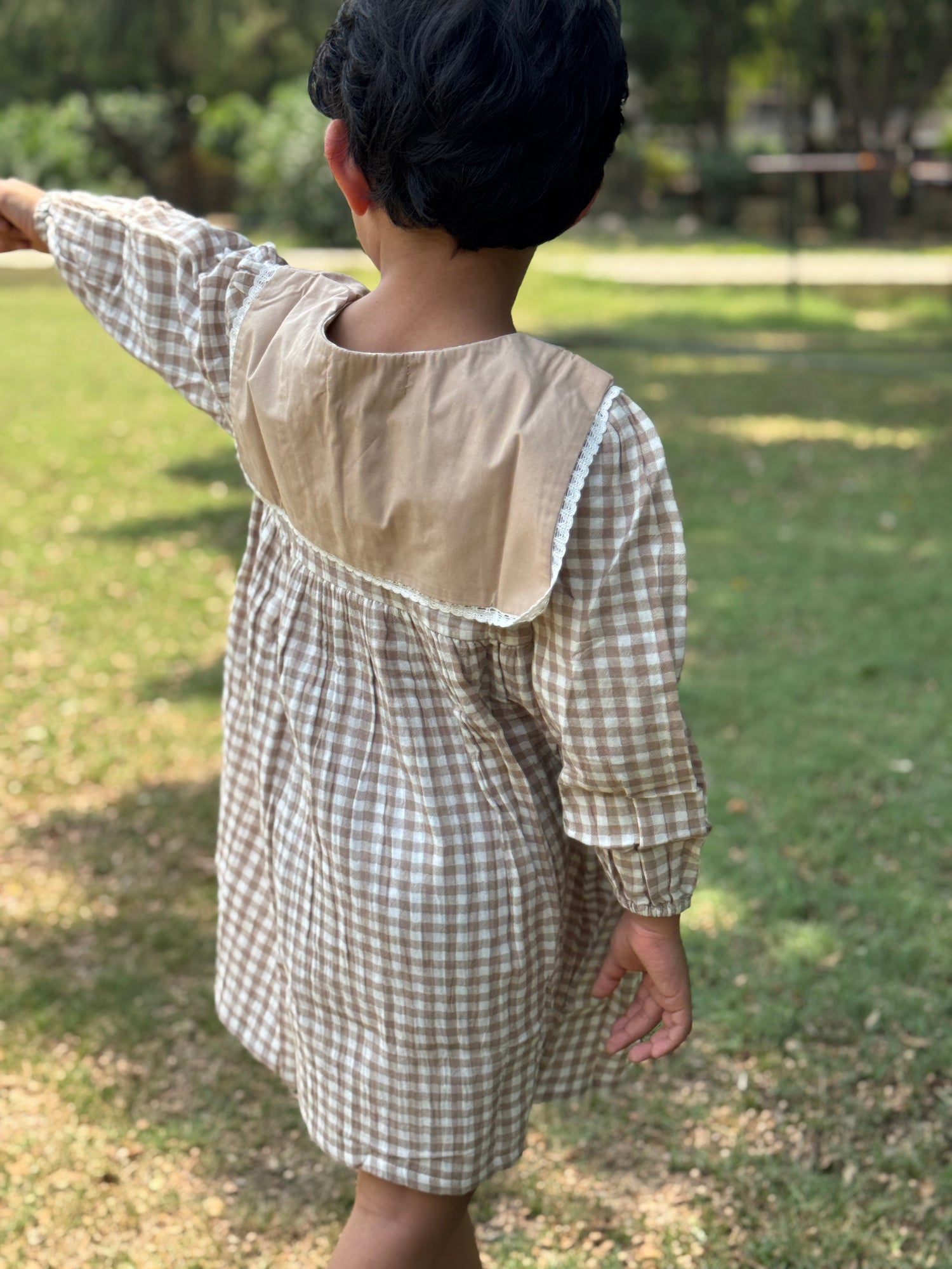 Beige Gingham Check Cotton Dress with Peter Pan Collar