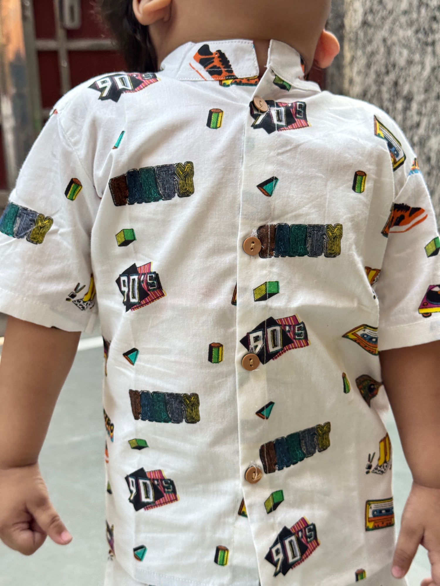 White Printed cotton Co-Ord Set with Shorts for Boys