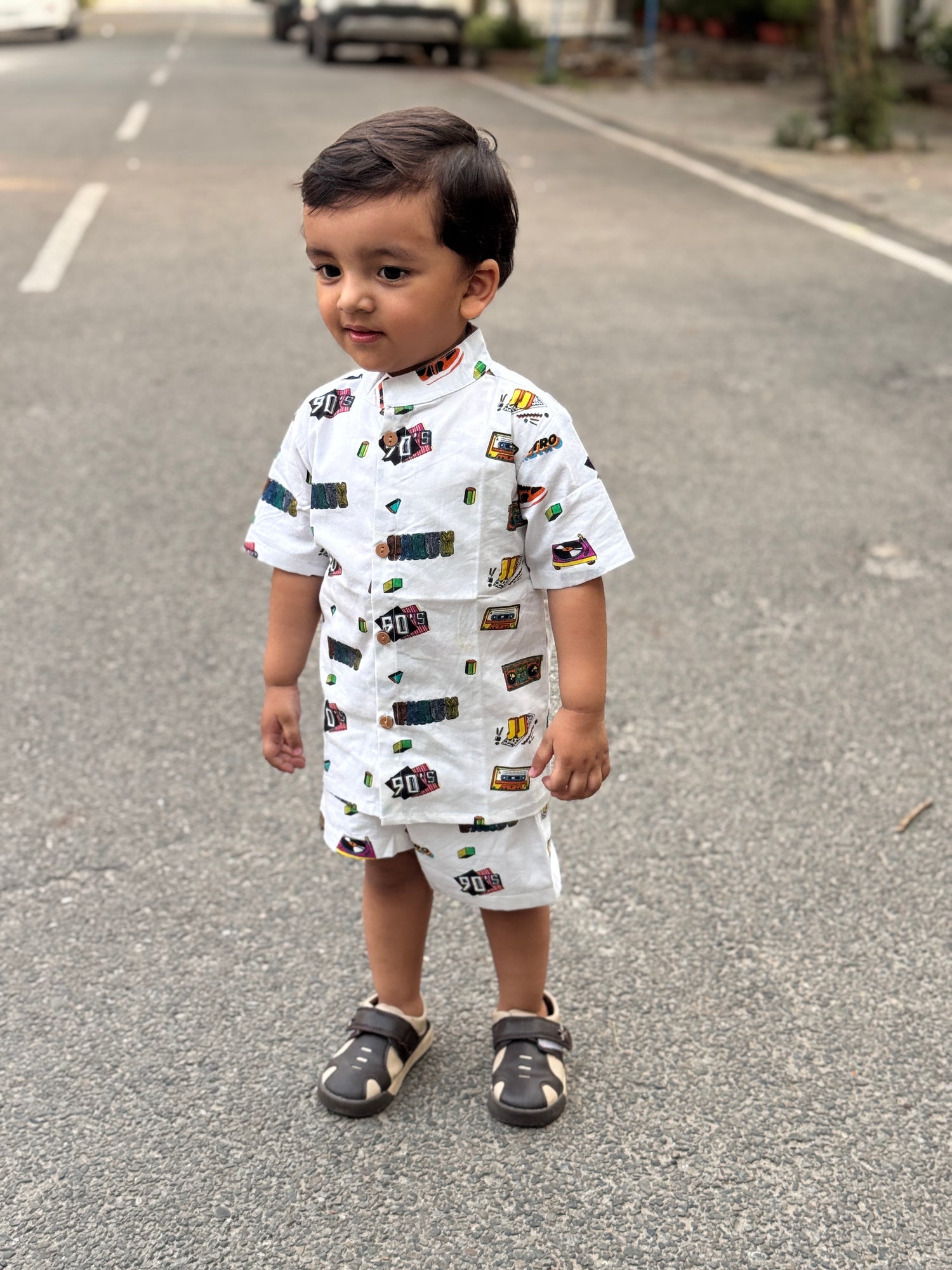 White Printed cotton Co-Ord Set with Shorts for Boys