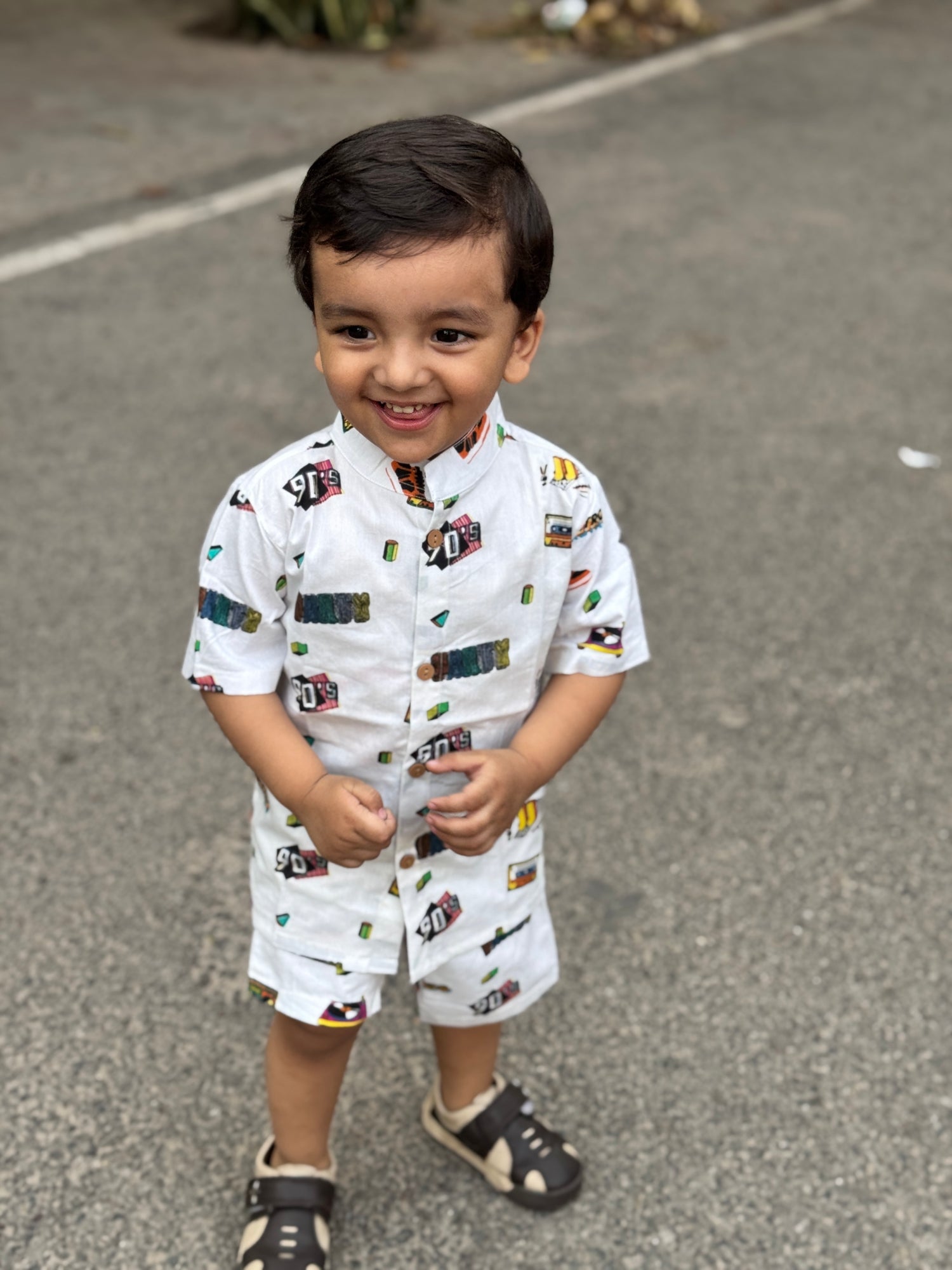 White Printed cotton Co-Ord Set with Shorts for Boys