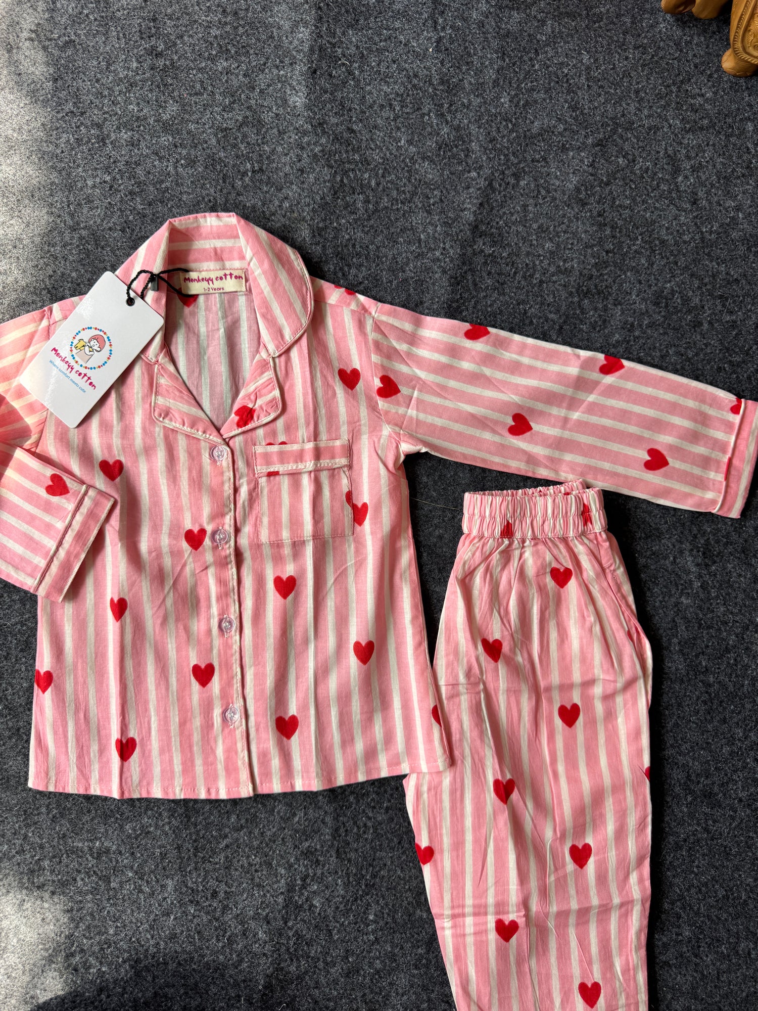 Pink Heart Stripe Cotton nightwear Set