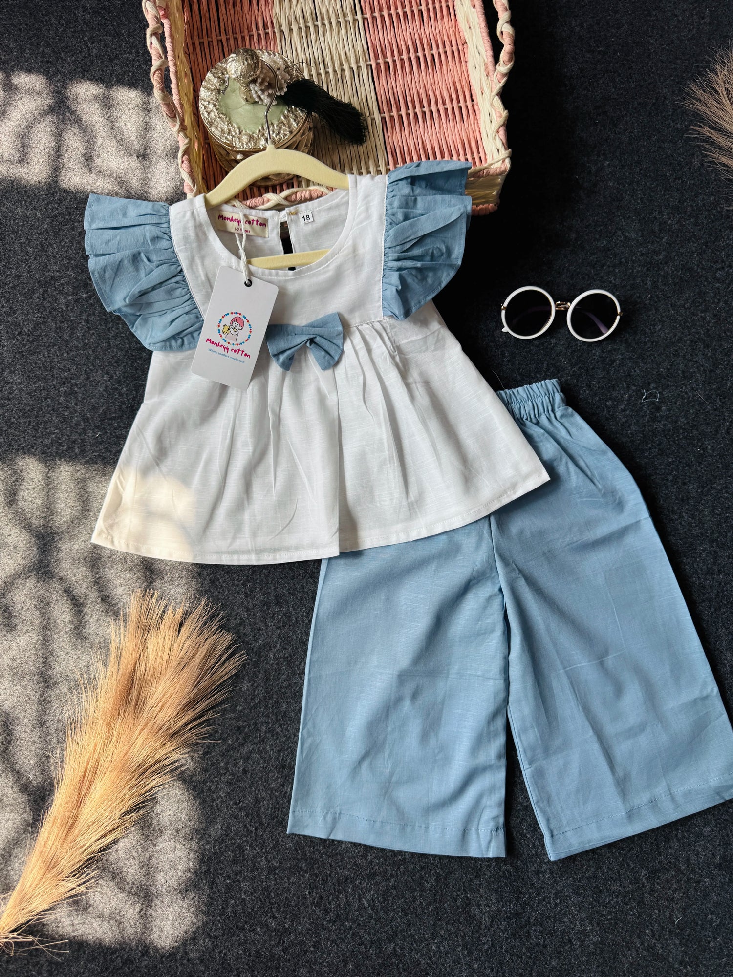 Cotton Linen Ruffle Sleeve Top & Wide-Leg Pants Co-Ord Set