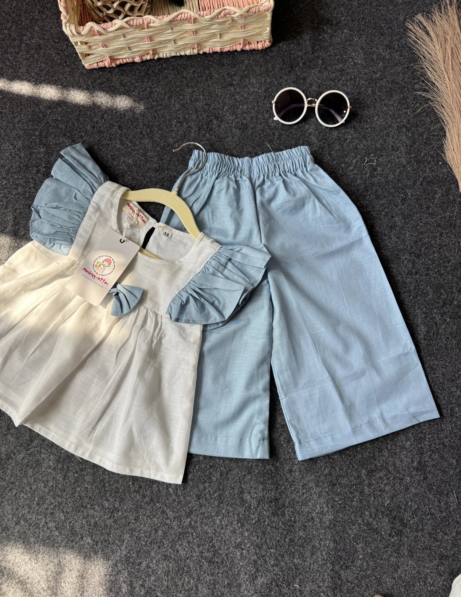 Cotton Linen Ruffle Sleeve Top & Wide-Leg Pants Co-Ord Set