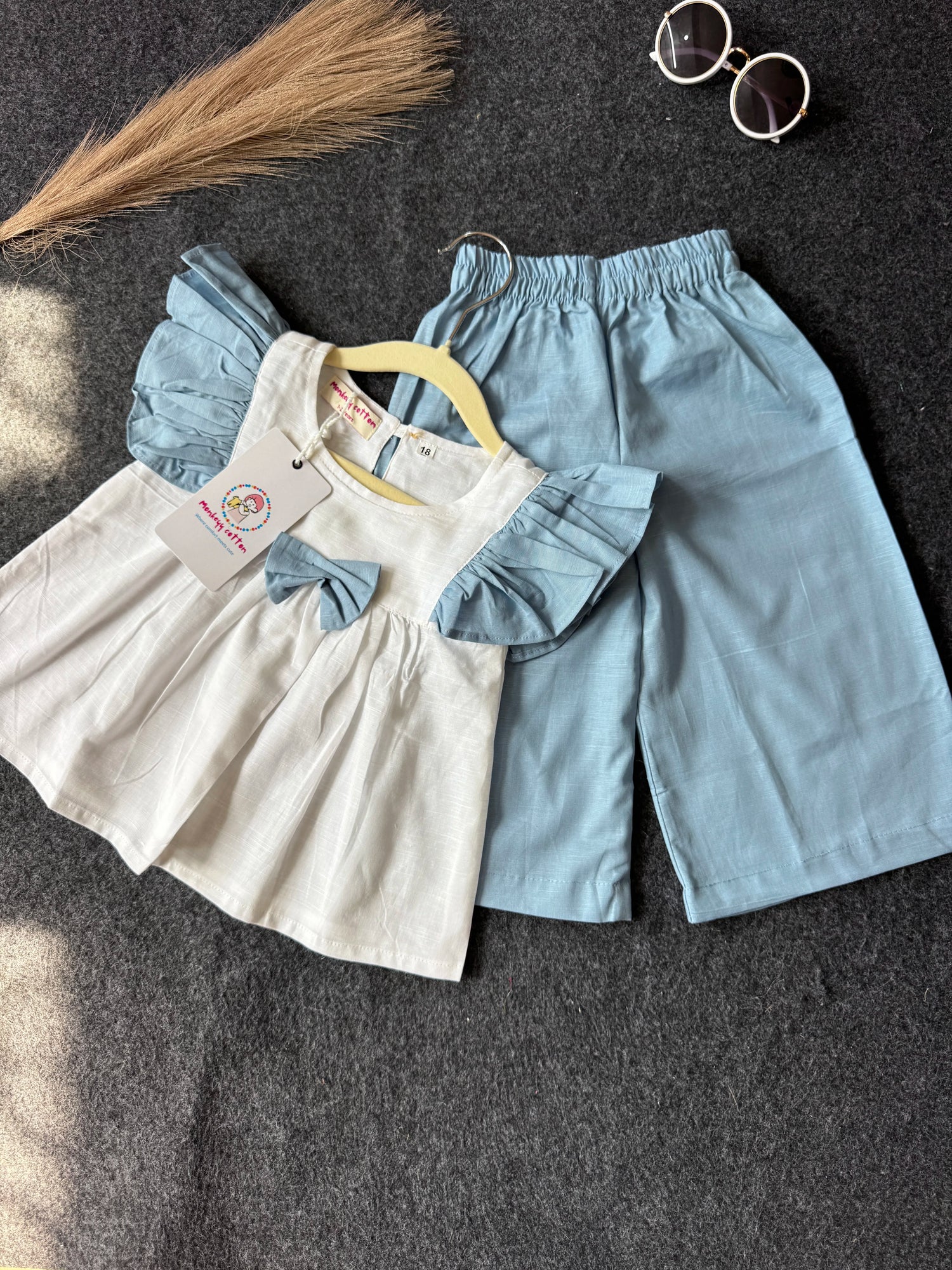 Cotton Linen Ruffle Sleeve Top & Wide-Leg Pants Co-Ord Set