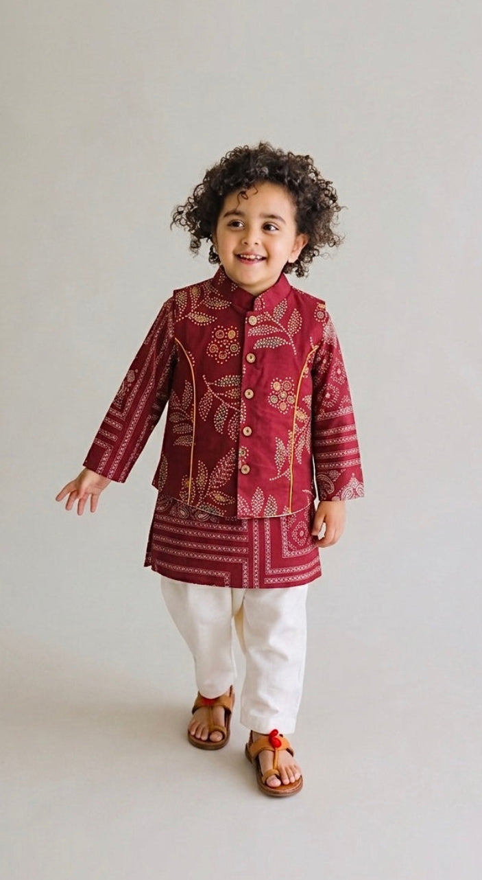 Boys Maroon Pure Cotton Printed Kurta Jacket set