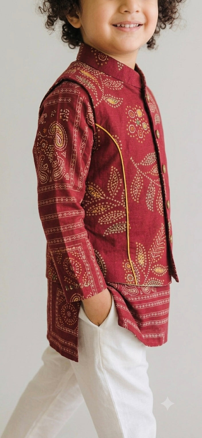 Boys Maroon Pure Cotton Printed Kurta Jacket set