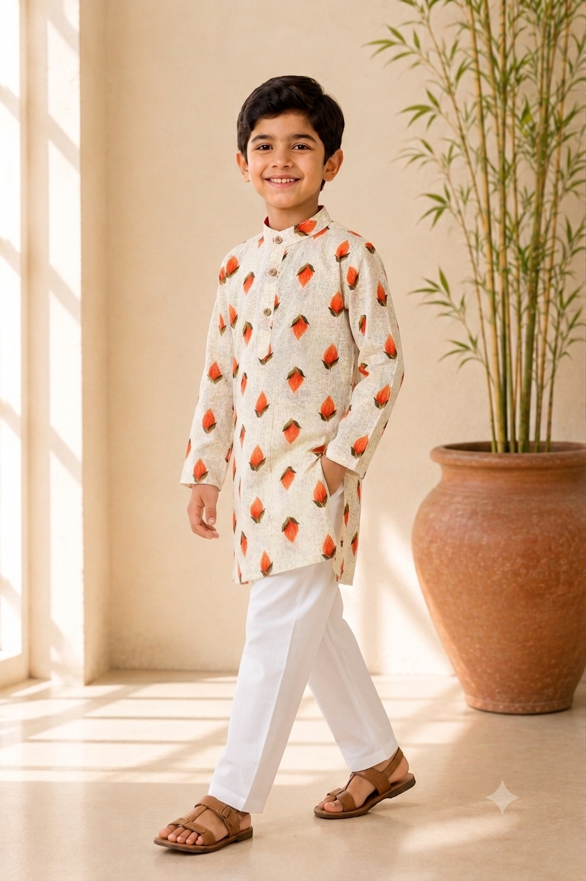 Boys Lotus Print Kurta and Pajama Set
