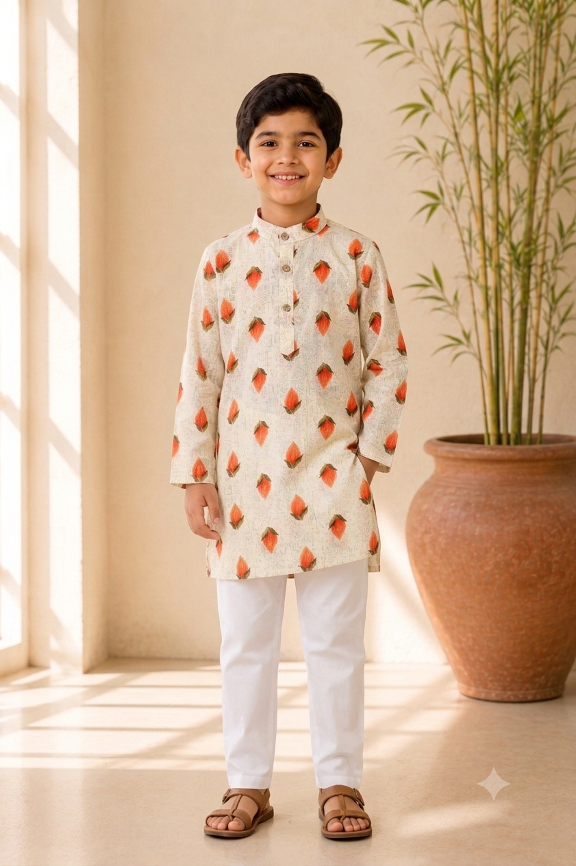 Boys Lotus Print Kurta and Pajama Set