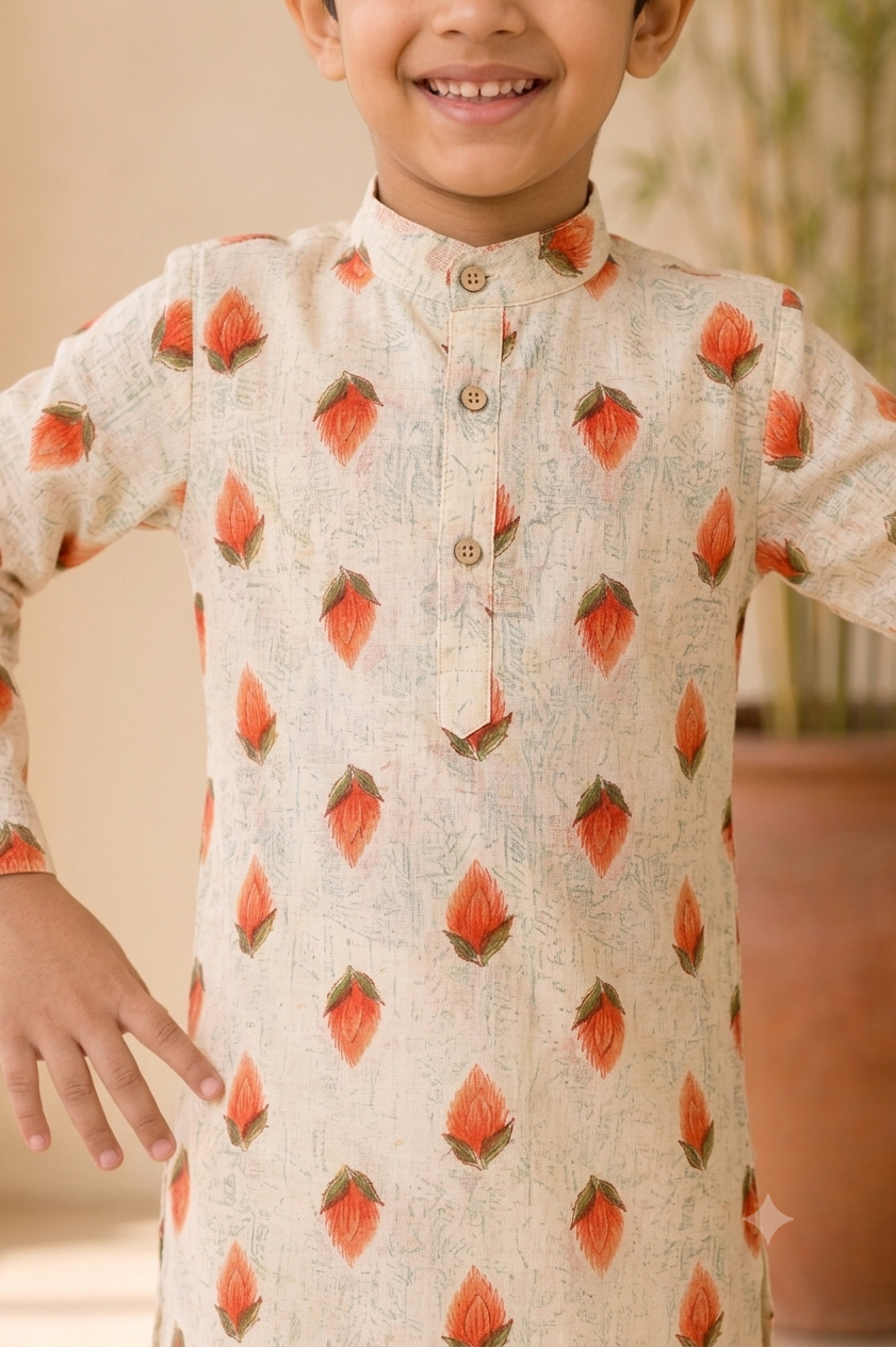 Boys Lotus Print Kurta and Pajama Set