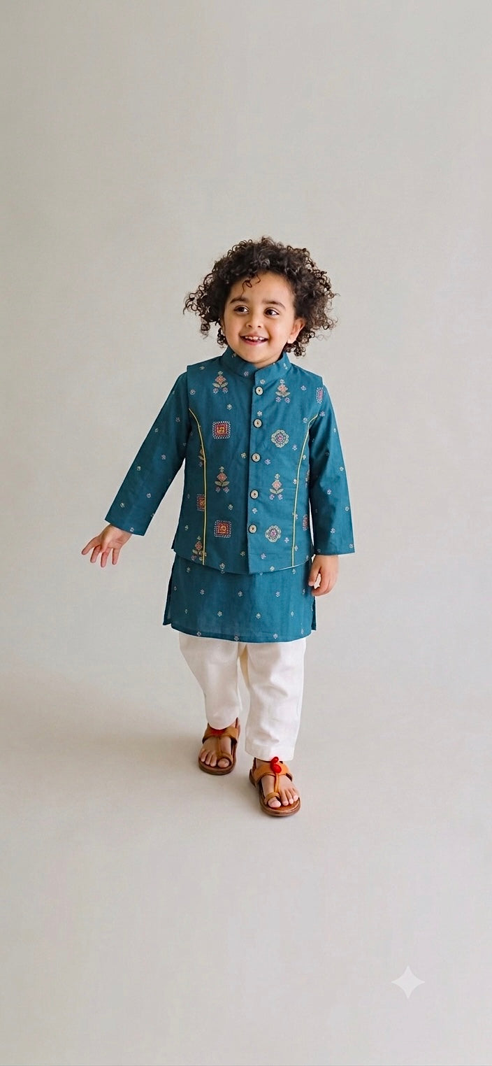 Teal Blue Printed Pure Cotton Kurta Jacket Set