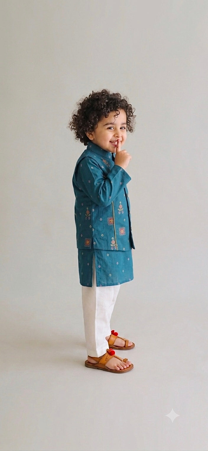 Teal Blue Printed Pure Cotton Kurta Jacket Set