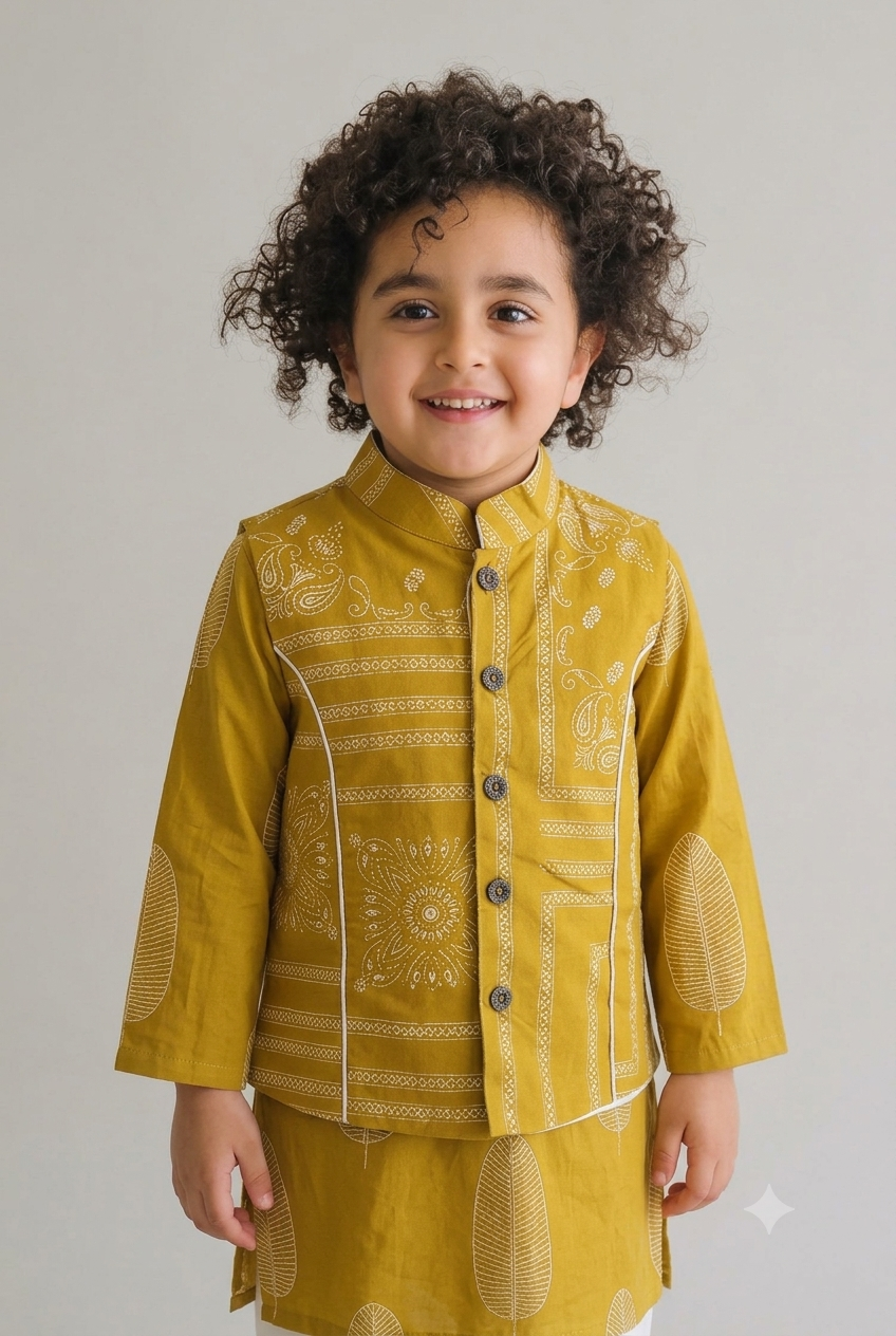 Mustard Yellow Printed Pure Cotton Kurta Jacket Set