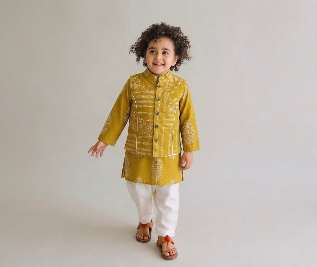 Mustard Yellow Printed Pure Cotton Kurta Jacket Set