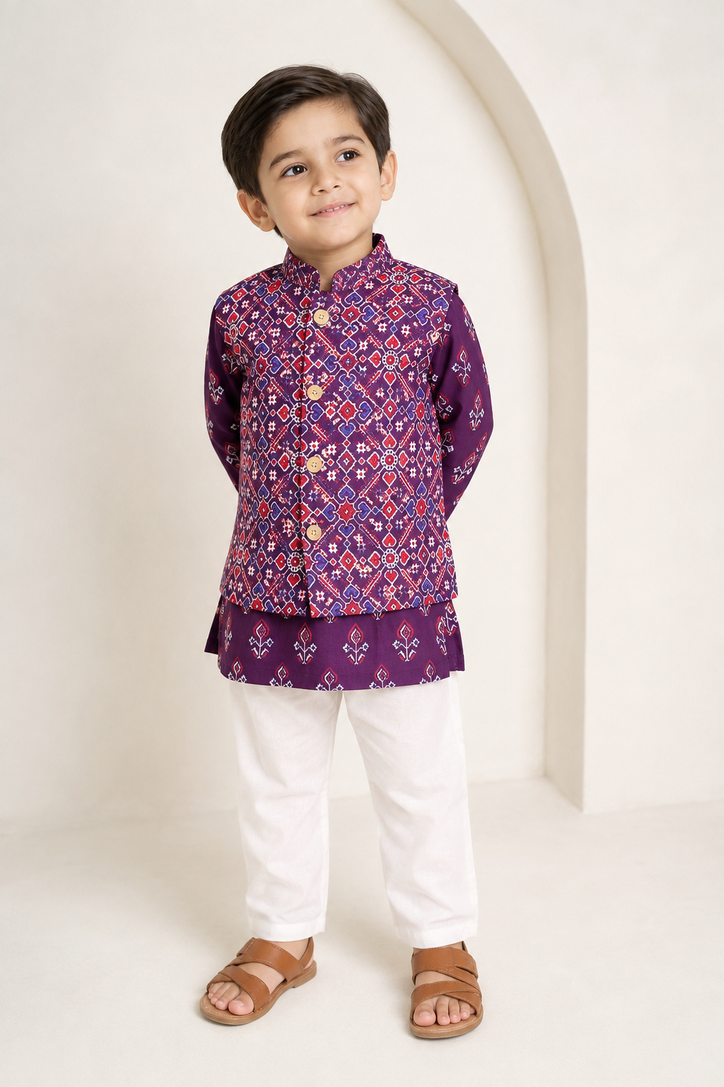 Boys Royal Purple Patola Cotton Kurta Pajama Set with Nehru Jacket