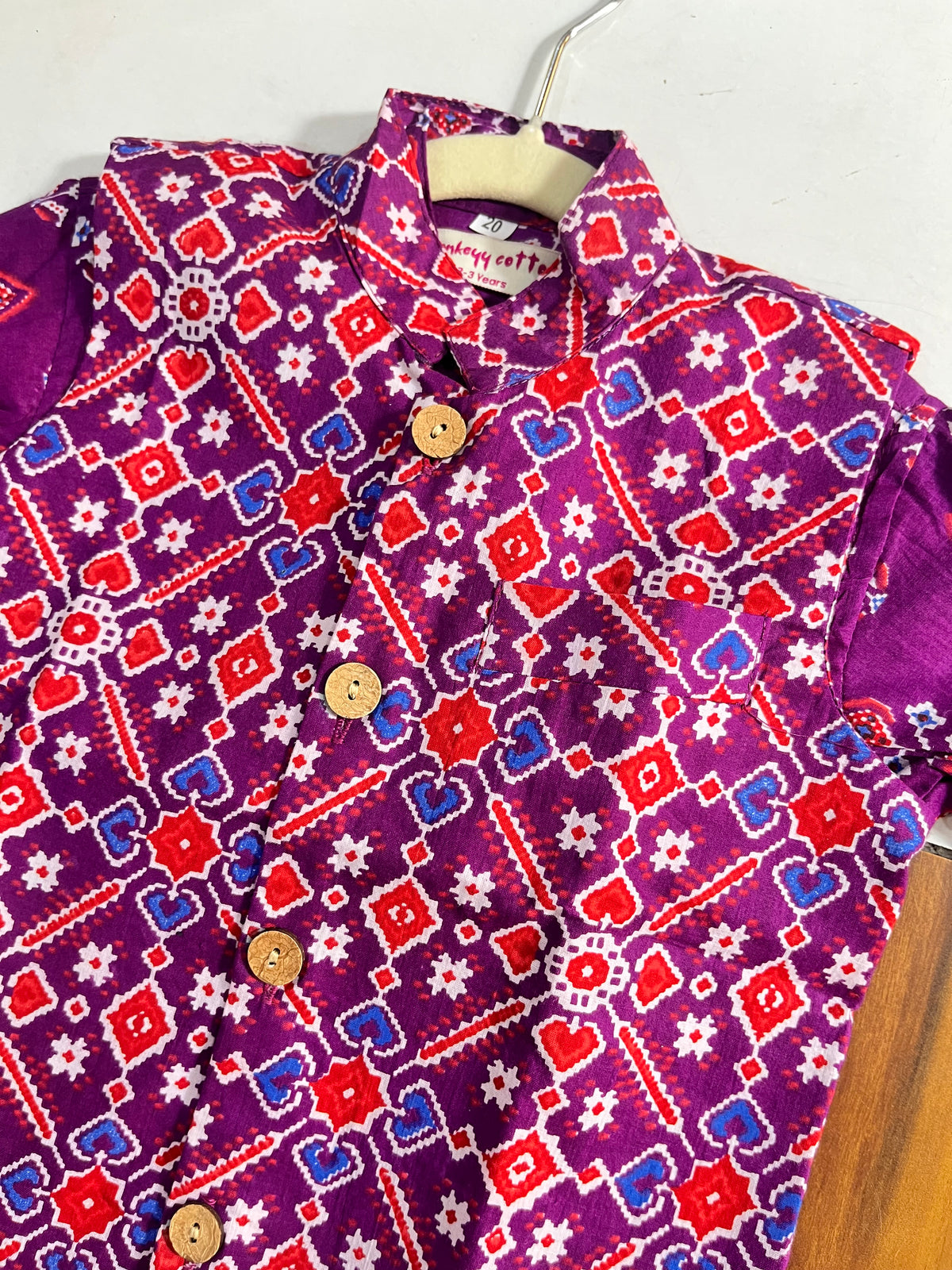 Boys Royal Purple Patola Cotton Kurta Pajama Set with Nehru Jacket